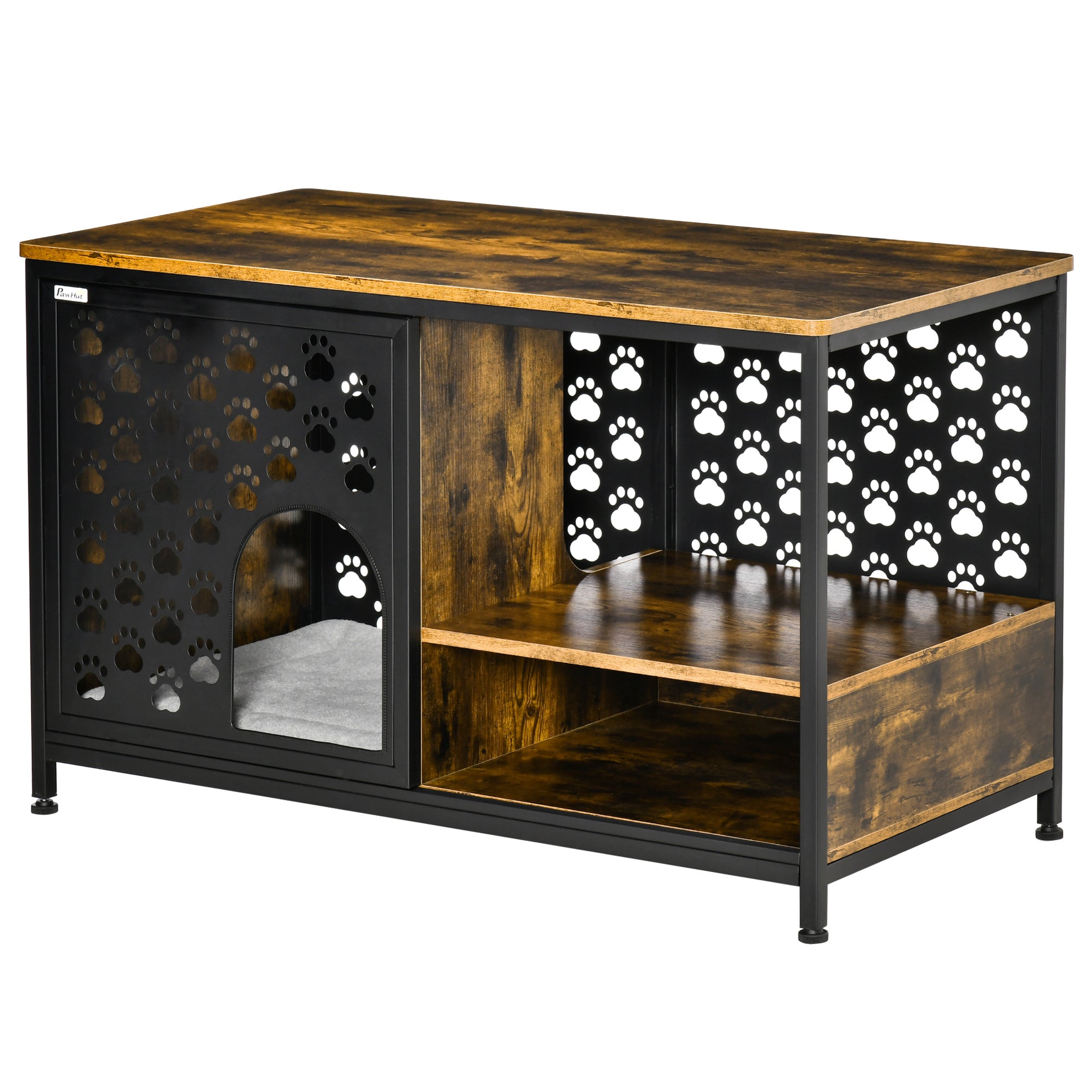 PawHut Wooden Cat House End Table Furniture Style Kitty Shelter Bed with Washable Cushion Hideaway Cabinet with Storage Shelf Rustic Brown