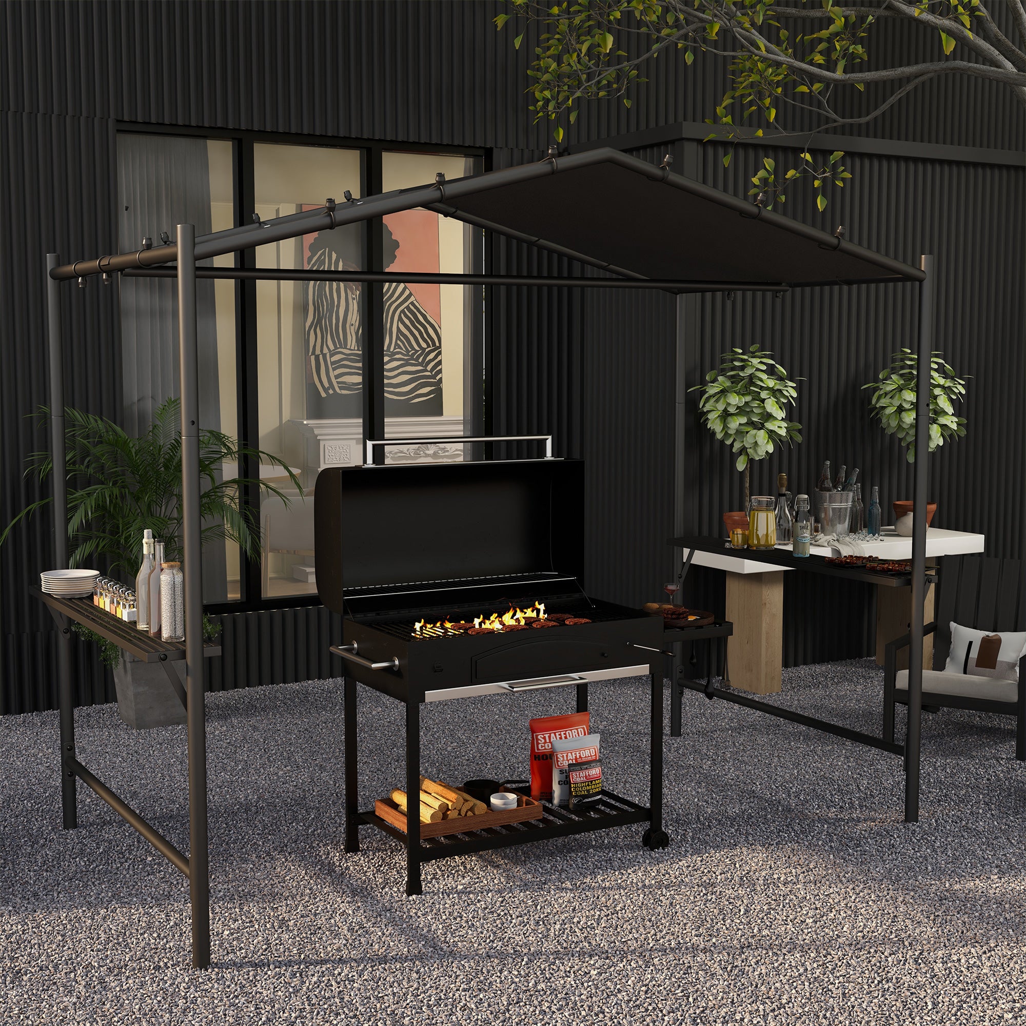 Outsunny 9' x 5' BBQ Grill Gazebo Tent, Garden Grill Canopy Outdoor Grill Shelter w/ Steel Frame and Serving Shelves, Dark Grey