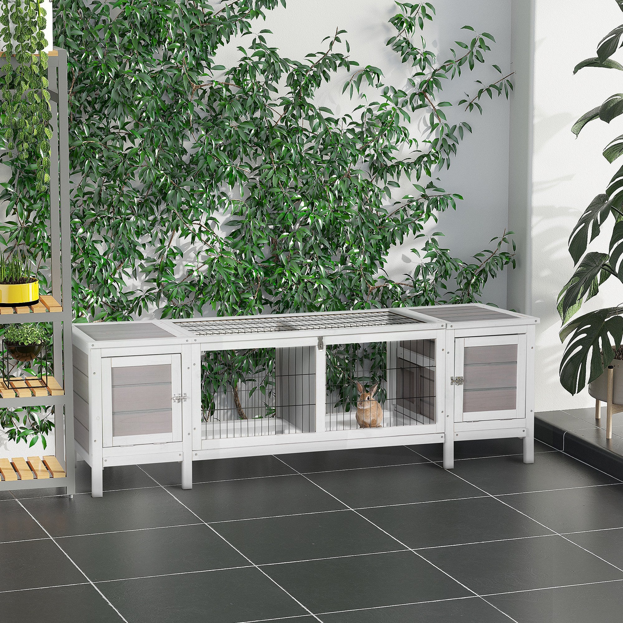 PawHut Wooden Rabbit Hutch Guinea Pig Cage Separable Bunny Run Small Bunny House w/ Slide Out Tray, 161 x 50.5 x 53.3cm - Grey