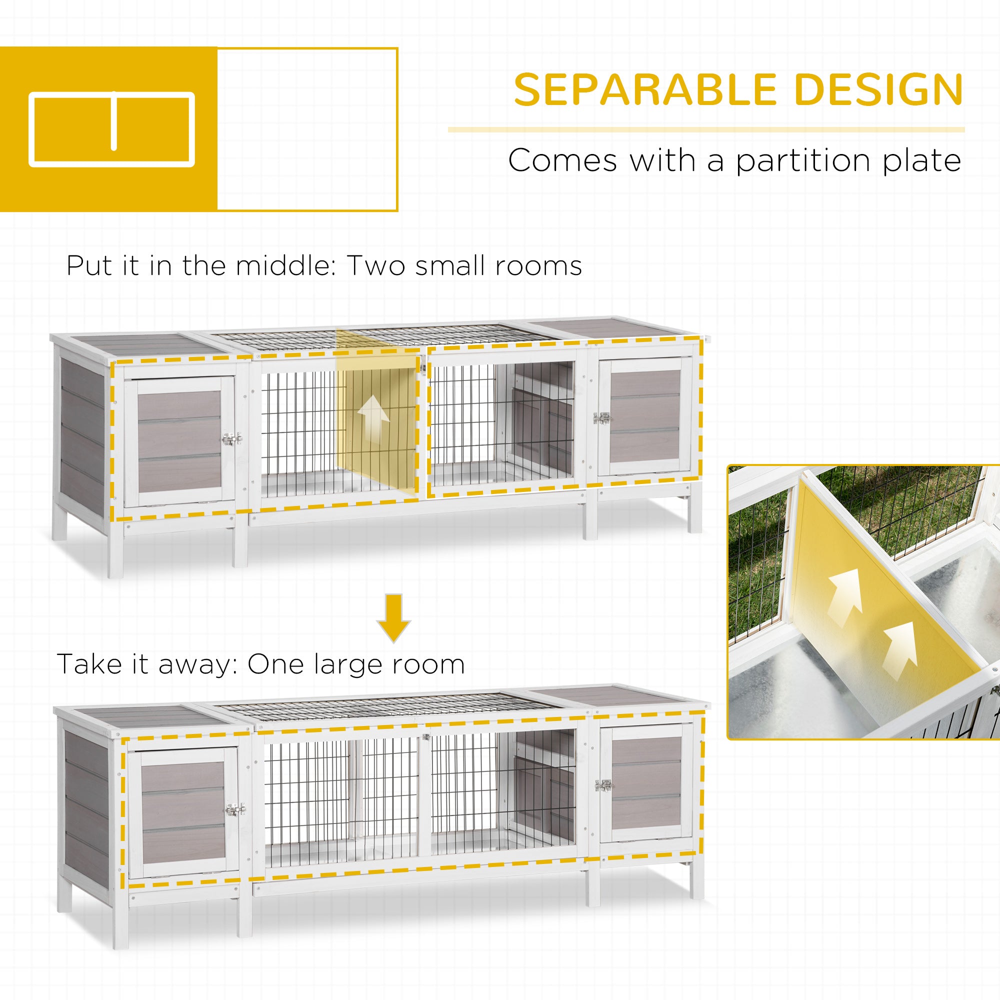 PawHut Wooden Rabbit Hutch Guinea Pig Cage Separable Bunny Run Small Bunny House w/ Slide Out Tray, 161 x 50.5 x 53.3cm - Grey