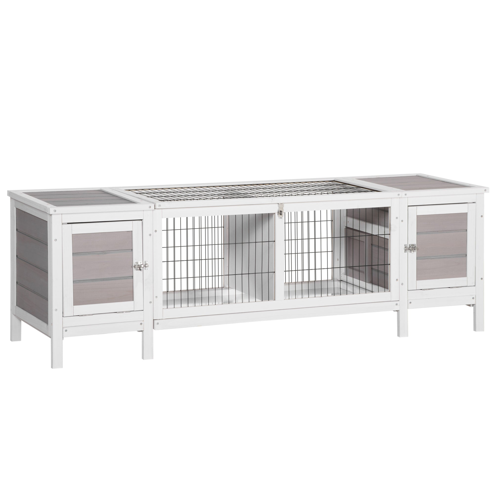 PawHut Wooden Rabbit Hutch Guinea Pig Cage Separable Bunny Run Small Bunny House w/ Slide Out Tray, 161 x 50.5 x 53.3cm - Grey