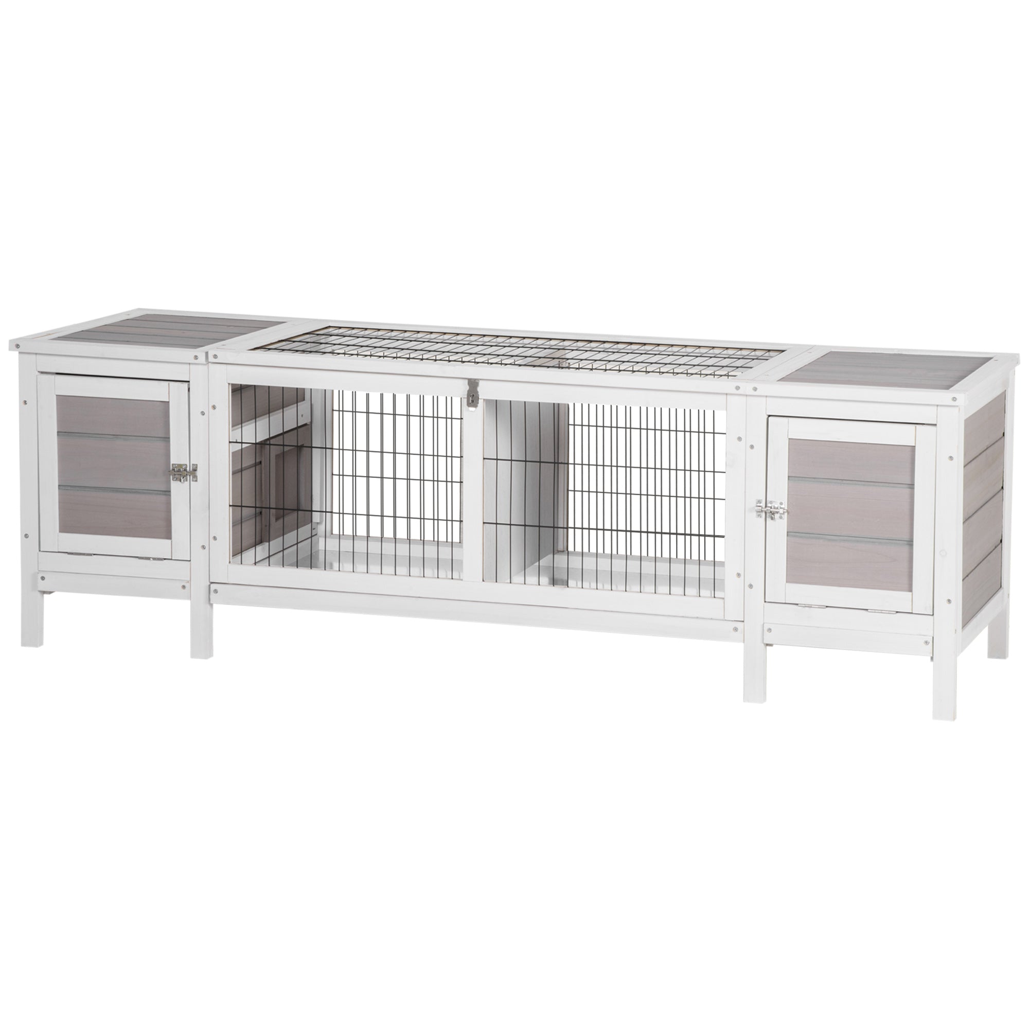PawHut Wooden Rabbit Hutch Guinea Pig Cage Separable Bunny Run Small Bunny House w/ Slide Out Tray, 161 x 50.5 x 53.3cm - Grey