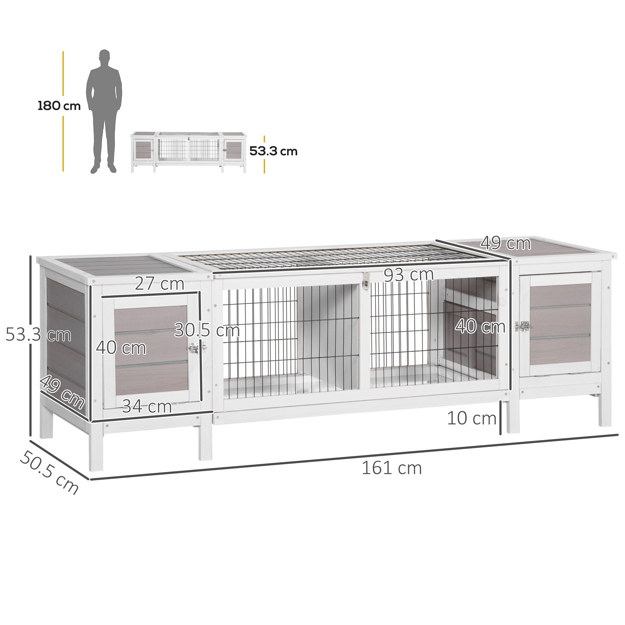 PawHut Wooden Rabbit Hutch Guinea Pig Cage Separable Bunny Run Small Bunny House w/ Slide Out Tray, 161 x 50.5 x 53.3cm - Grey