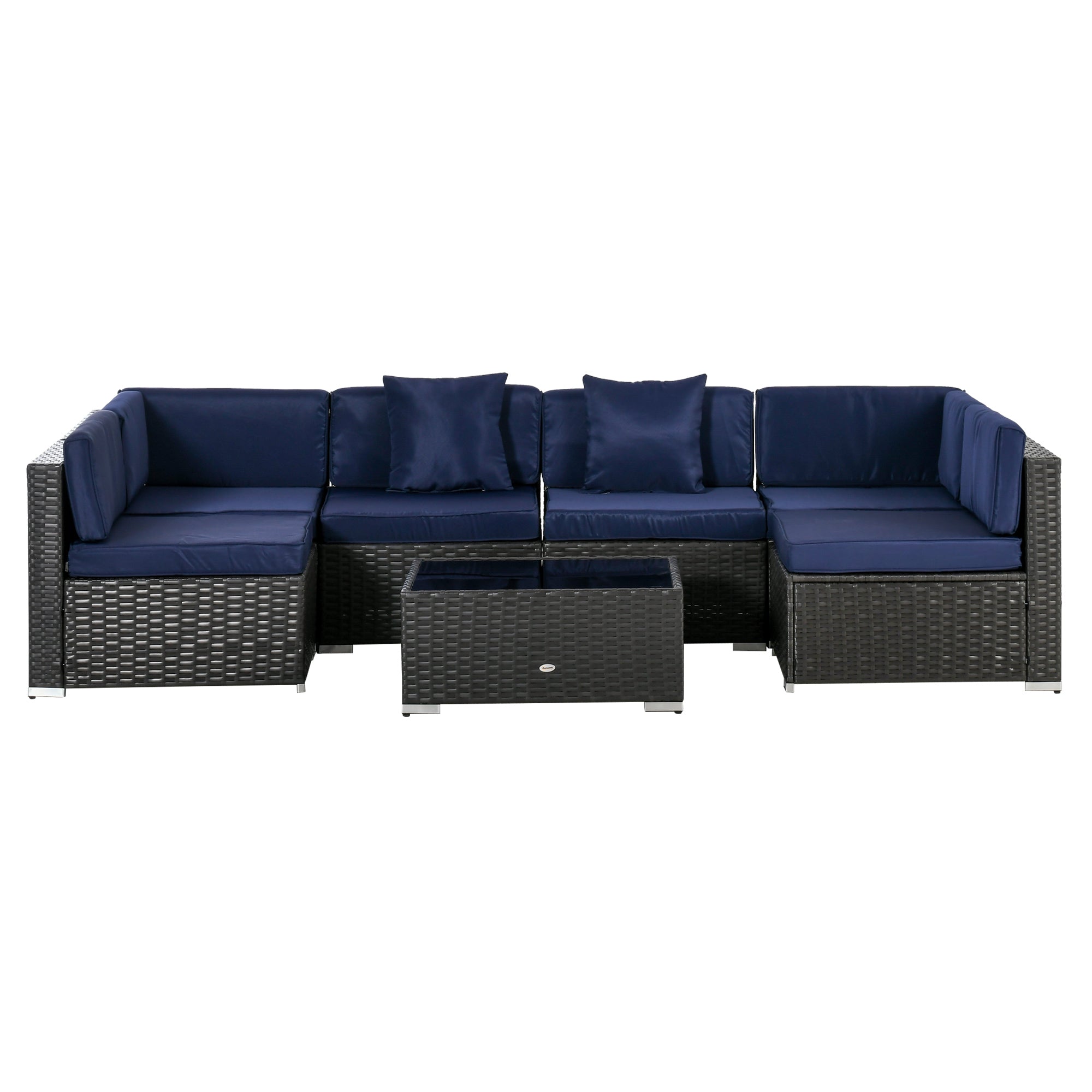Outsunny 7 Piece Patio Furniture Set, PE Rattan Outdoor Conversation Set with Sectional Sofa, Glass Tabletop, Cushions and Pillows for Garden, Lawn, Deck, Dark Brown and Navy Blue