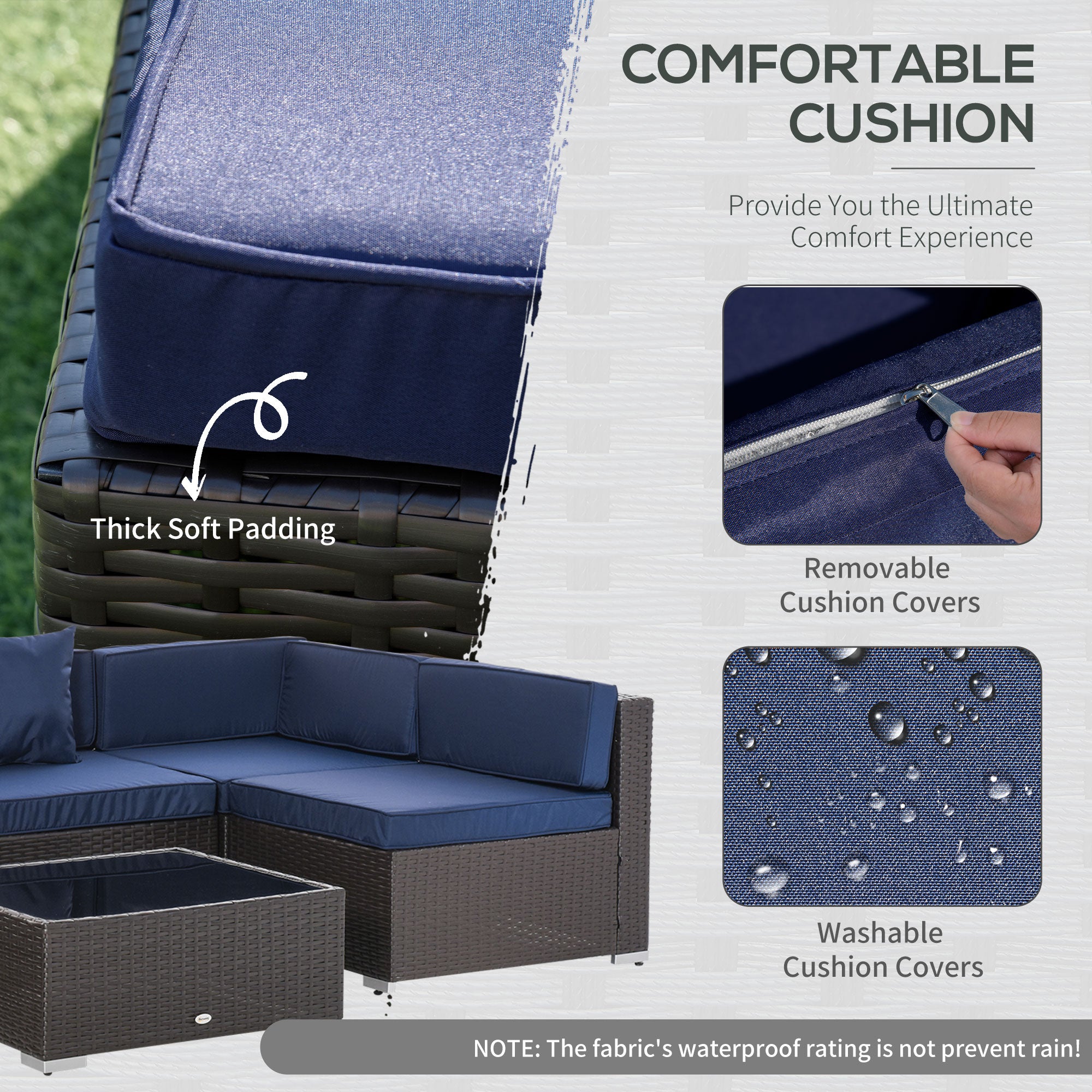 Outsunny 7 Piece Patio Furniture Set, PE Rattan Outdoor Conversation Set with Sectional Sofa, Glass Tabletop, Cushions and Pillows for Garden, Lawn, Deck, Dark Brown and Navy Blue