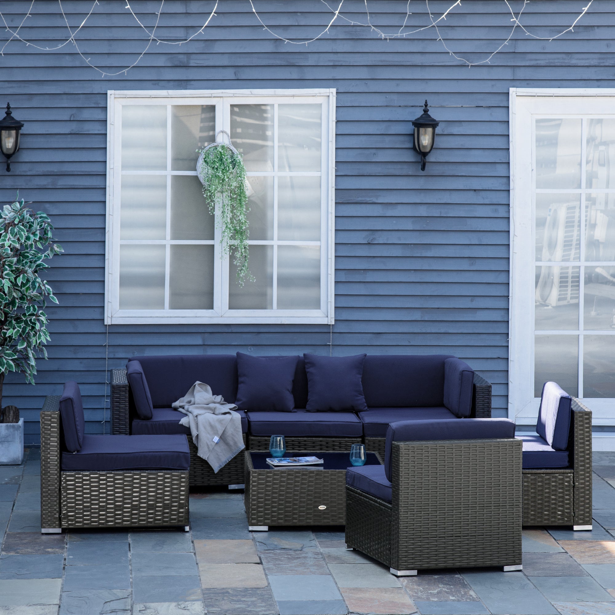 Outsunny 7 Piece Patio Furniture Set, PE Rattan Outdoor Conversation Set with Sectional Sofa, Glass Tabletop, Cushions and Pillows for Garden, Lawn, Deck, Dark Brown and Navy Blue