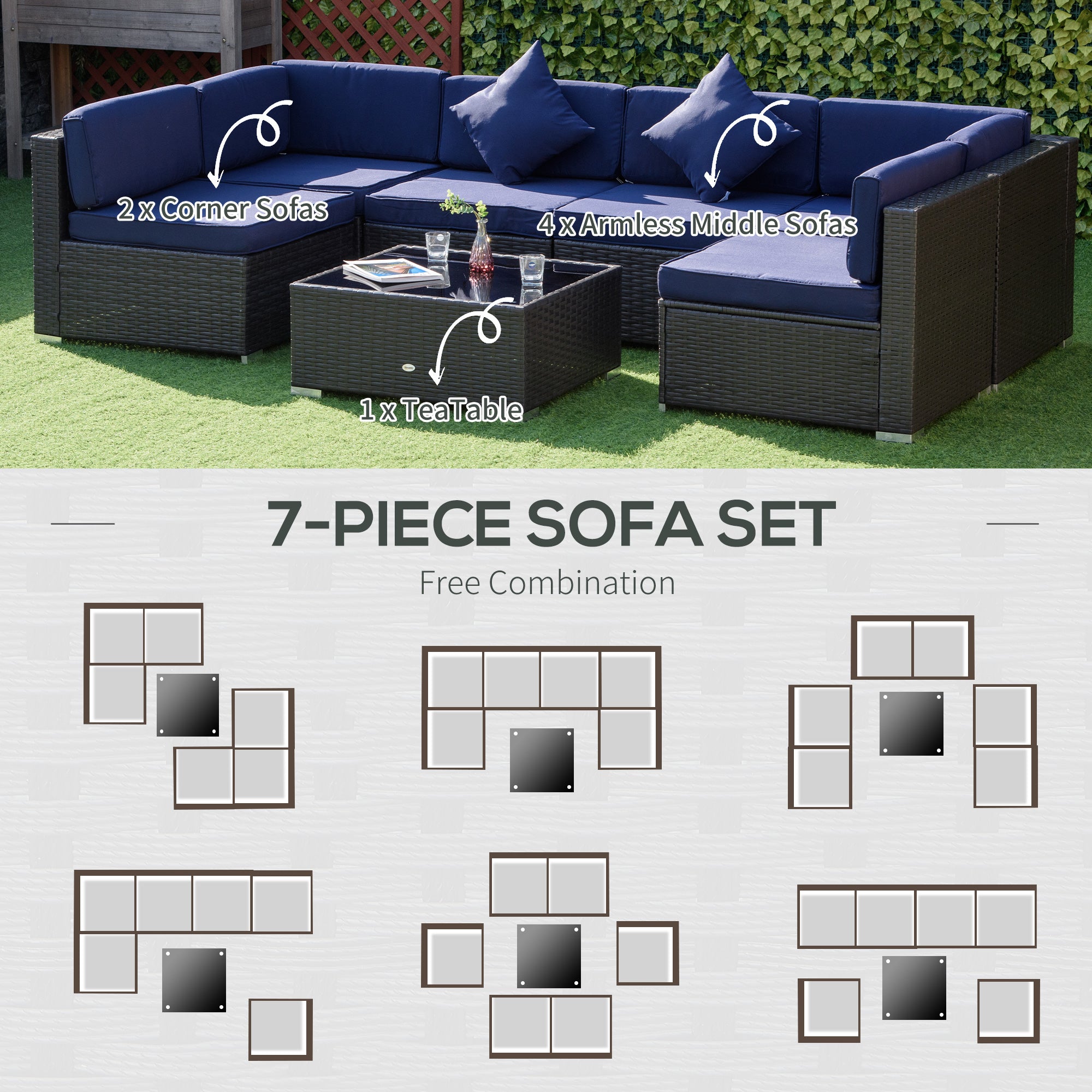 Outsunny 7 Piece Patio Furniture Set, PE Rattan Outdoor Conversation Set with Sectional Sofa, Glass Tabletop, Cushions and Pillows for Garden, Lawn, Deck, Dark Brown and Navy Blue