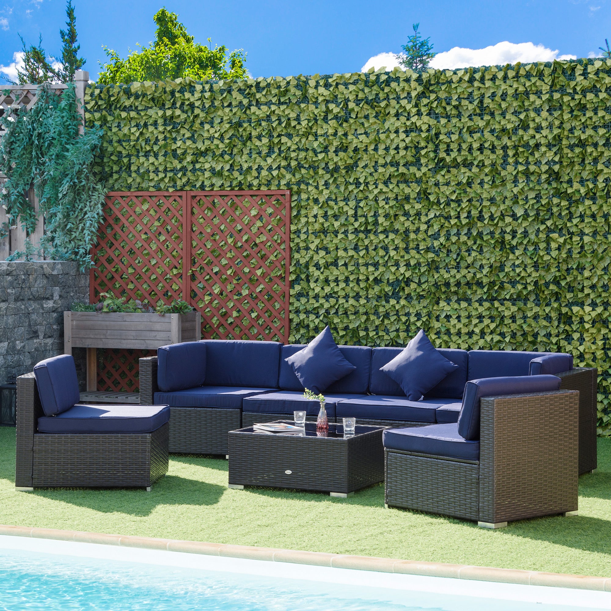 Outsunny 7 Piece Patio Furniture Set, PE Rattan Outdoor Conversation Set with Sectional Sofa, Glass Tabletop, Cushions and Pillows for Garden, Lawn, Deck, Dark Brown and Navy Blue