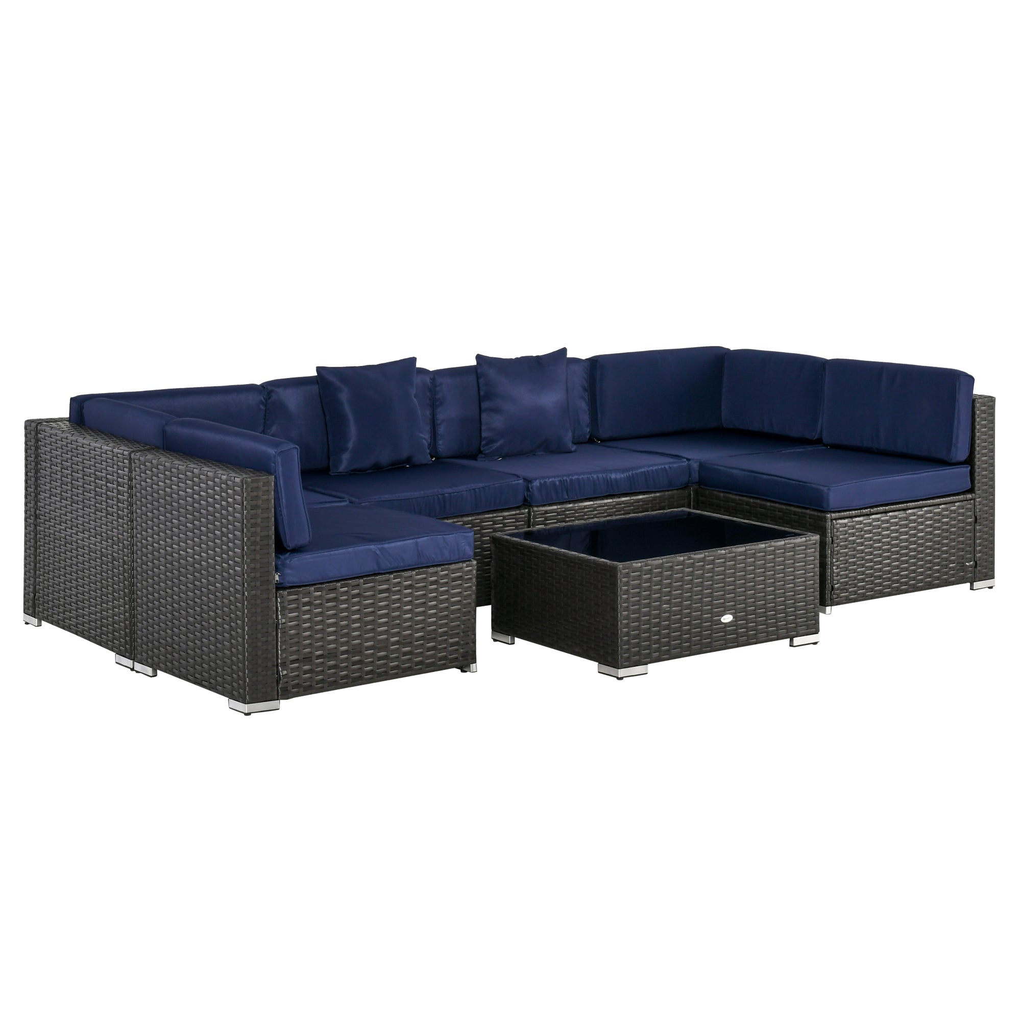 Outsunny 7 Piece Patio Furniture Set, PE Rattan Outdoor Conversation Set with Sectional Sofa, Glass Tabletop, Cushions and Pillows for Garden, Lawn, Deck, Dark Brown and Navy Blue