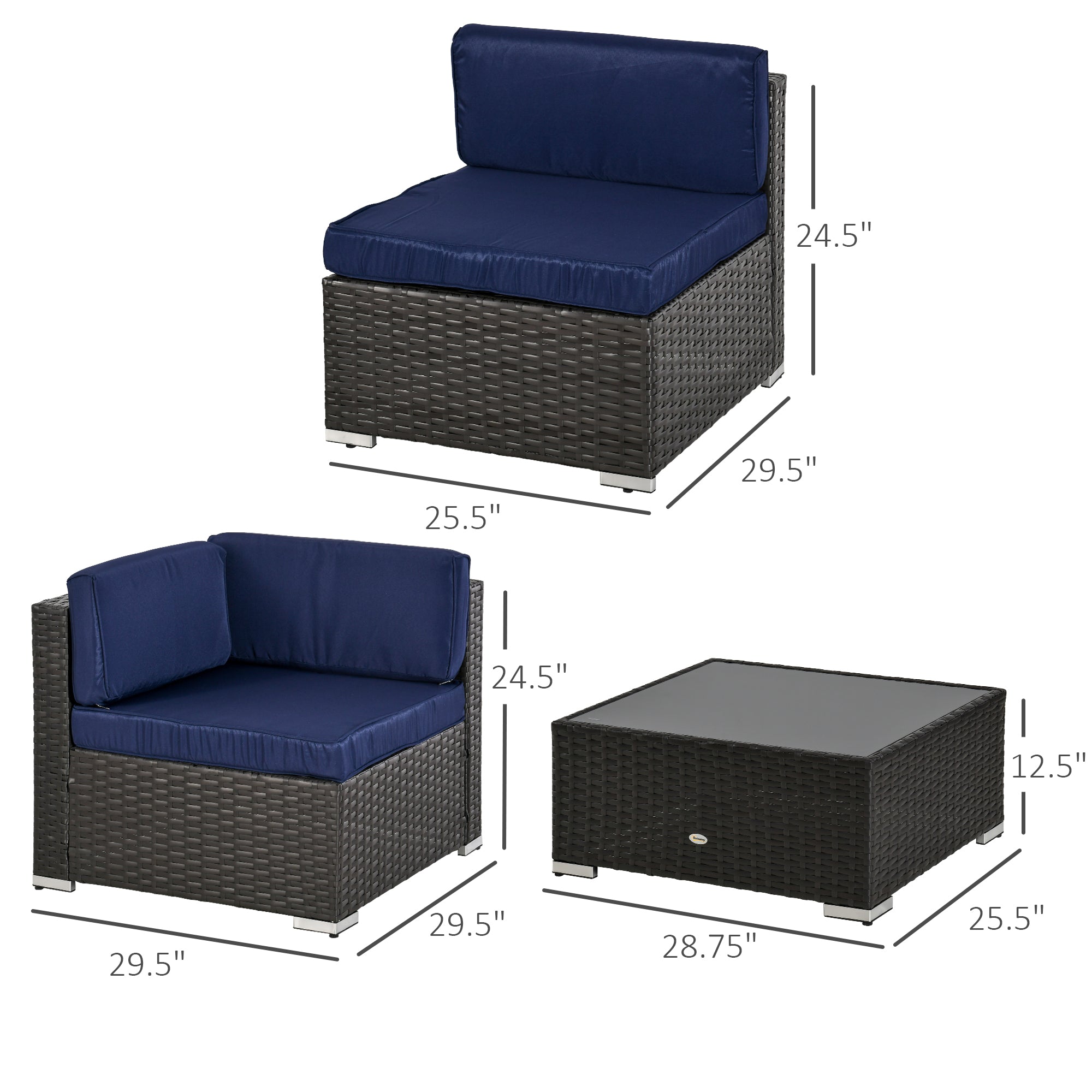 Outsunny 7 Piece Patio Furniture Set, PE Rattan Outdoor Conversation Set with Sectional Sofa, Glass Tabletop, Cushions and Pillows for Garden, Lawn, Deck, Dark Brown and Navy Blue