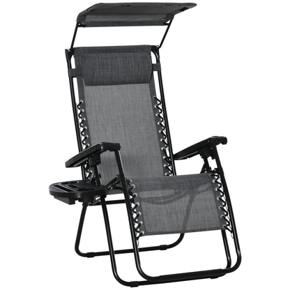 Outsunny Foldable Lounge Chair with Canopy Shade, Outdoor Zero Gravity Chair w/ Side Tray & Cup Holder, Reclining Lounger w/ Breathable Mesh Fabric Seat, Pillow, Light Grey