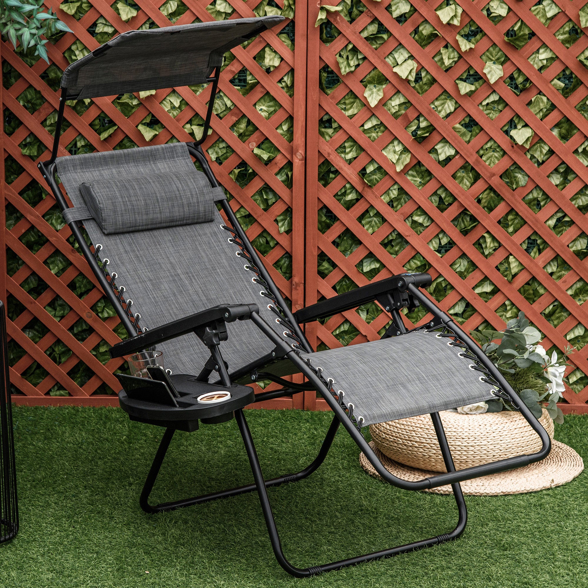 Outsunny Foldable Lounge Chair with Canopy Shade, Outdoor Zero Gravity Chair w/ Side Tray & Cup Holder, Reclining Lounger w/ Breathable Mesh Fabric Seat, Pillow, Light Grey