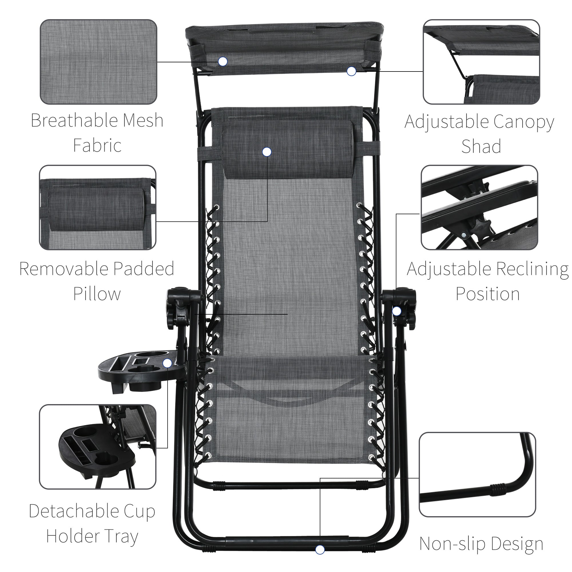 Outsunny Foldable Lounge Chair with Canopy Shade, Outdoor Zero Gravity Chair w/ Side Tray & Cup Holder, Reclining Lounger w/ Breathable Mesh Fabric Seat, Pillow, Light Grey