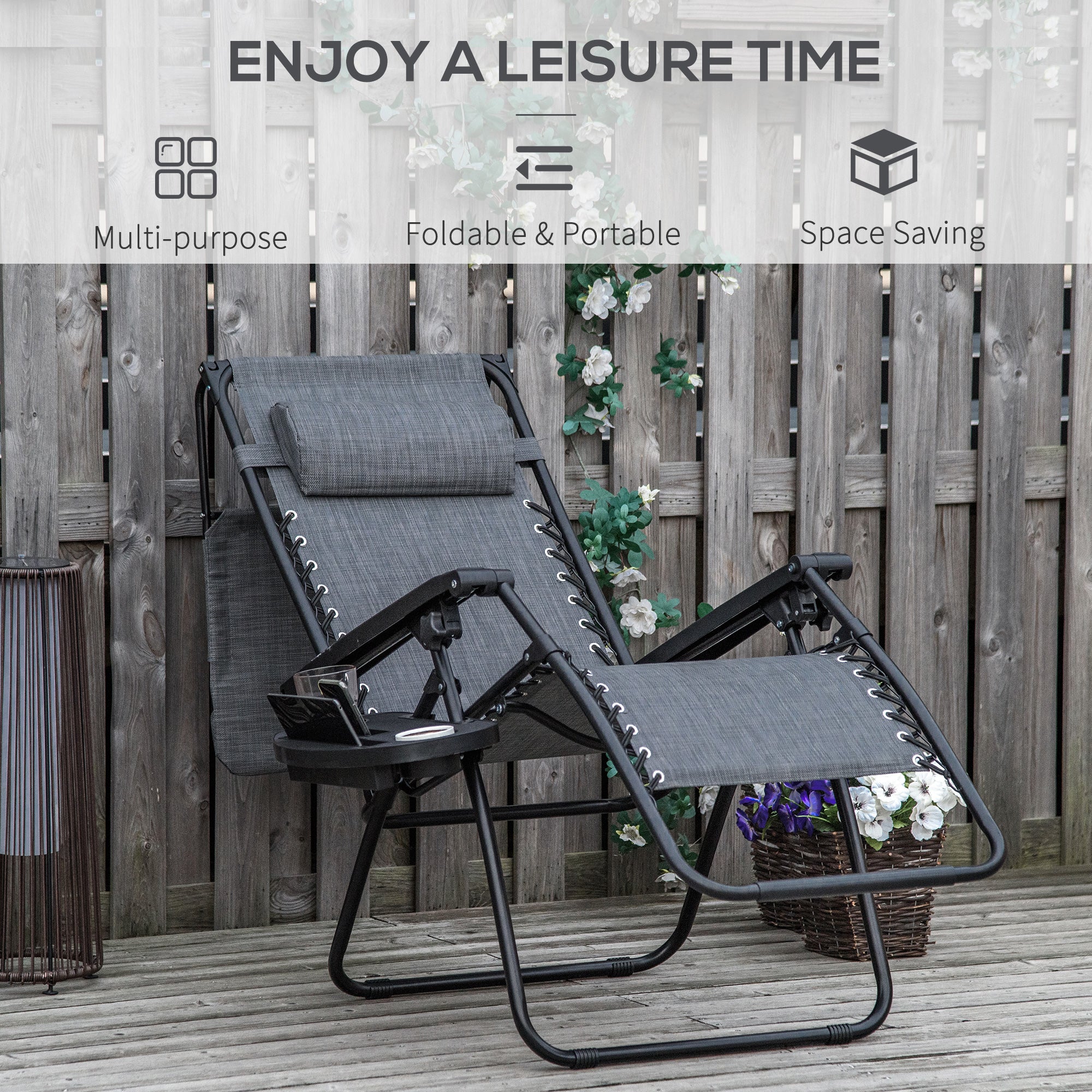 Outsunny Foldable Lounge Chair with Canopy Shade, Outdoor Zero Gravity Chair w/ Side Tray & Cup Holder, Reclining Lounger w/ Breathable Mesh Fabric Seat, Pillow, Light Grey