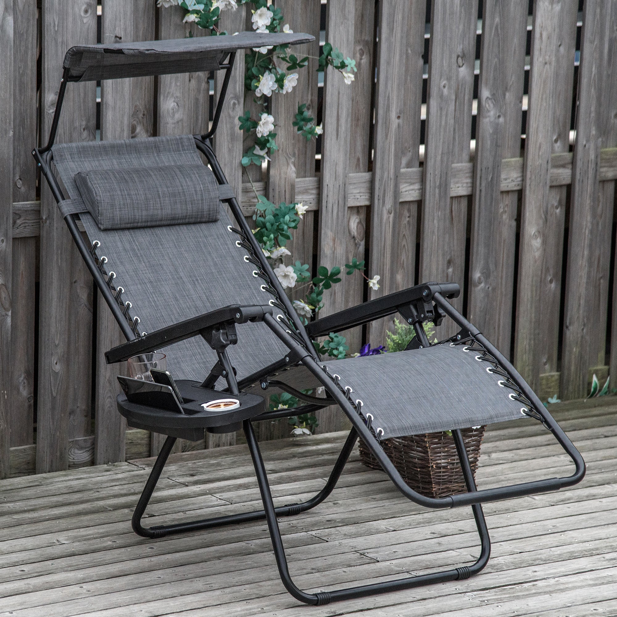 Outsunny Foldable Lounge Chair with Canopy Shade, Outdoor Zero Gravity Chair w/ Side Tray & Cup Holder, Reclining Lounger w/ Breathable Mesh Fabric Seat, Pillow, Light Grey