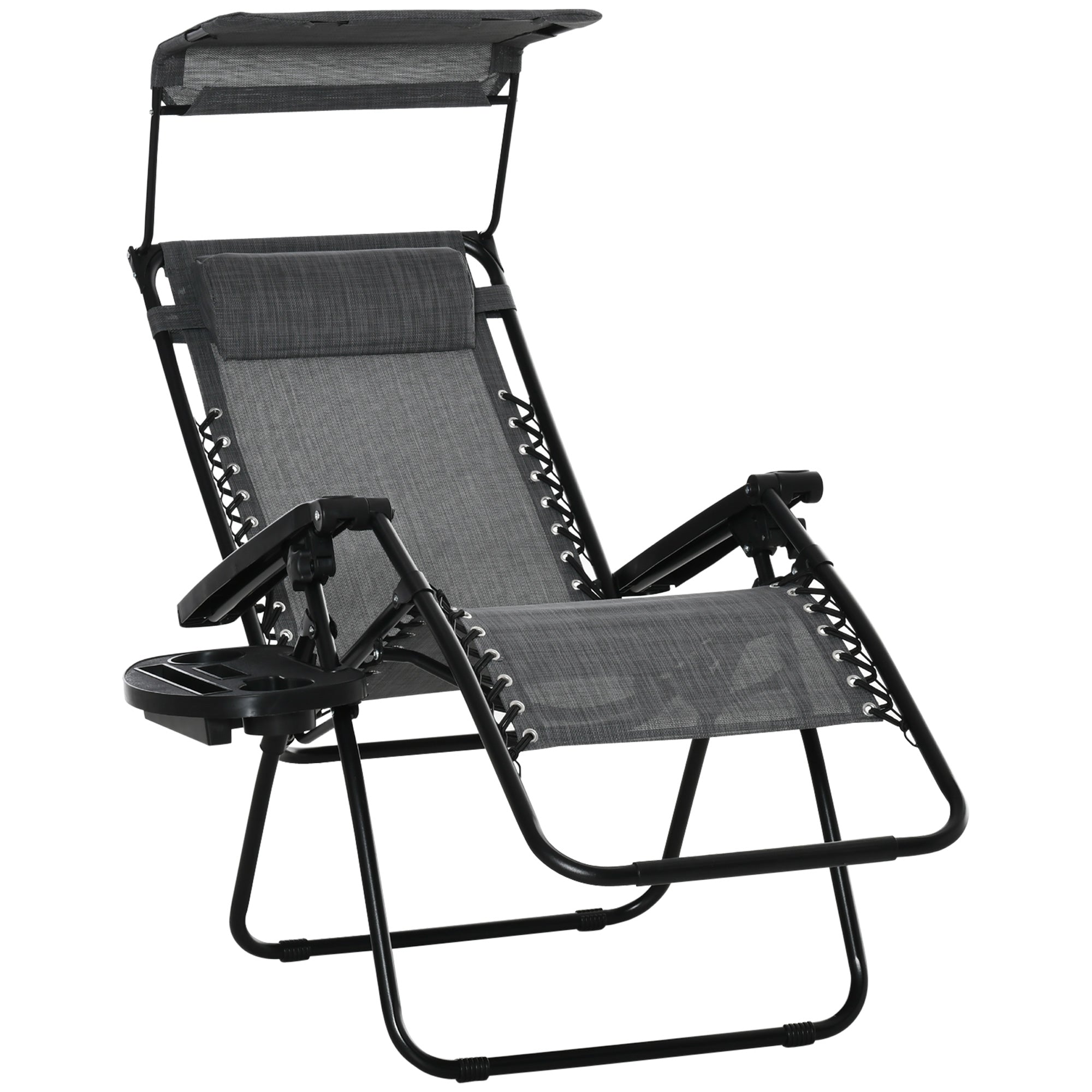 Outsunny Foldable Lounge Chair with Canopy Shade, Outdoor Zero Gravity Chair w/ Side Tray & Cup Holder, Reclining Lounger w/ Breathable Mesh Fabric Seat, Pillow, Light Grey