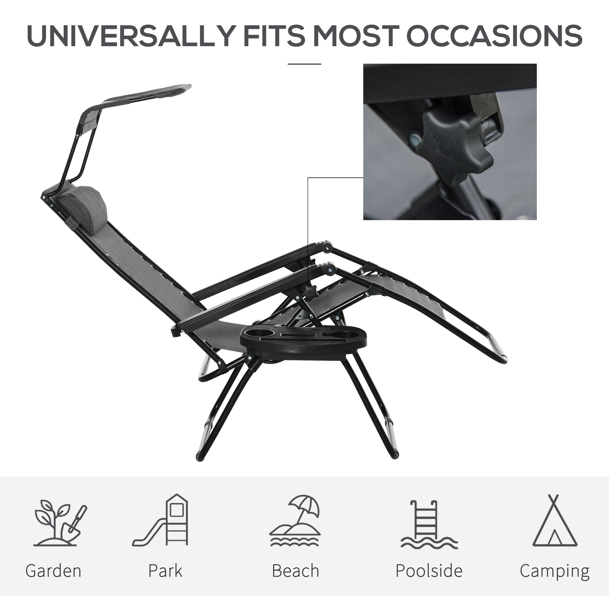 Outsunny Foldable Lounge Chair with Canopy Shade, Outdoor Zero Gravity Chair w/ Side Tray & Cup Holder, Reclining Lounger w/ Breathable Mesh Fabric Seat, Pillow, Light Grey