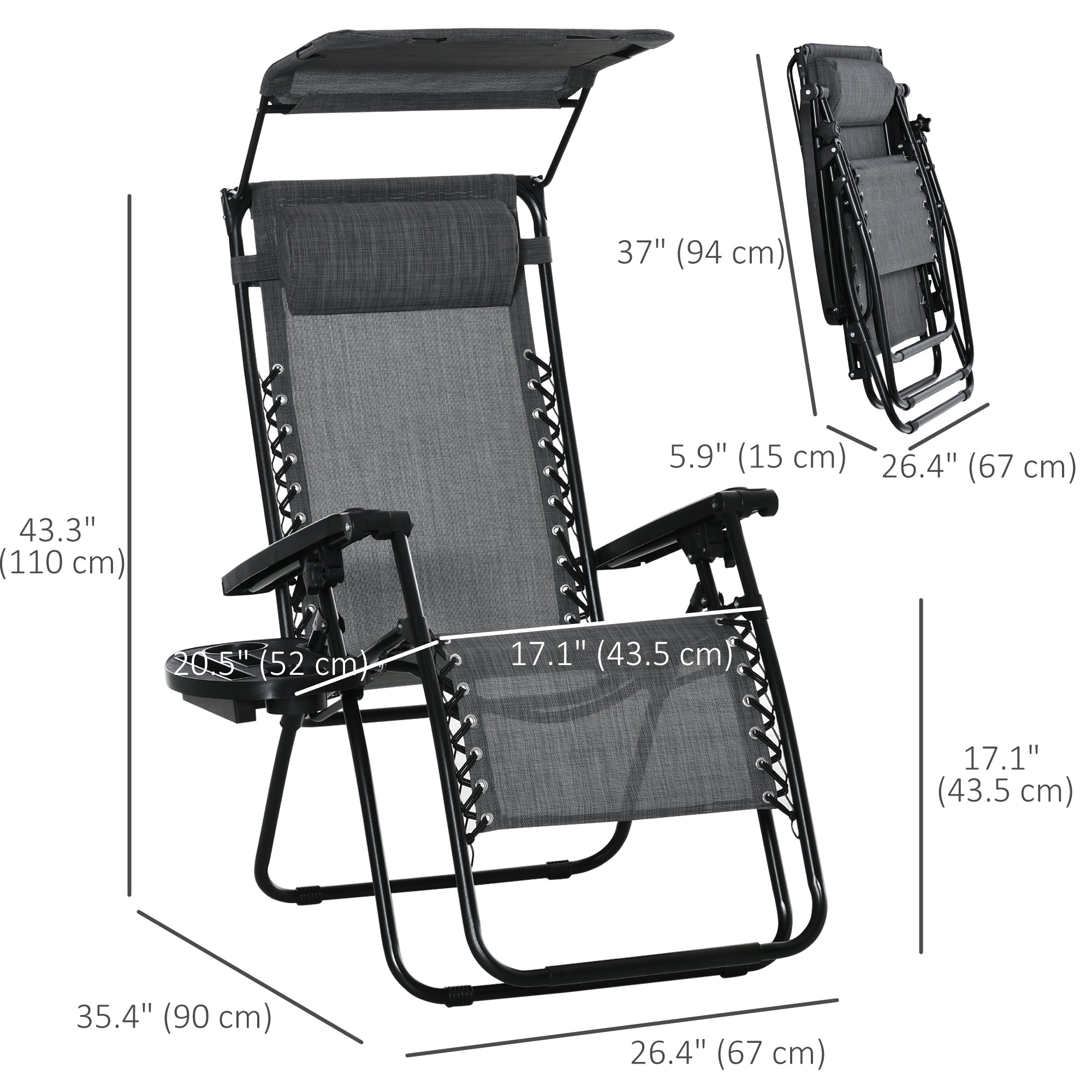 Outsunny Foldable Lounge Chair with Canopy Shade, Outdoor Zero Gravity Chair w/ Side Tray & Cup Holder, Reclining Lounger w/ Breathable Mesh Fabric Seat, Pillow, Light Grey