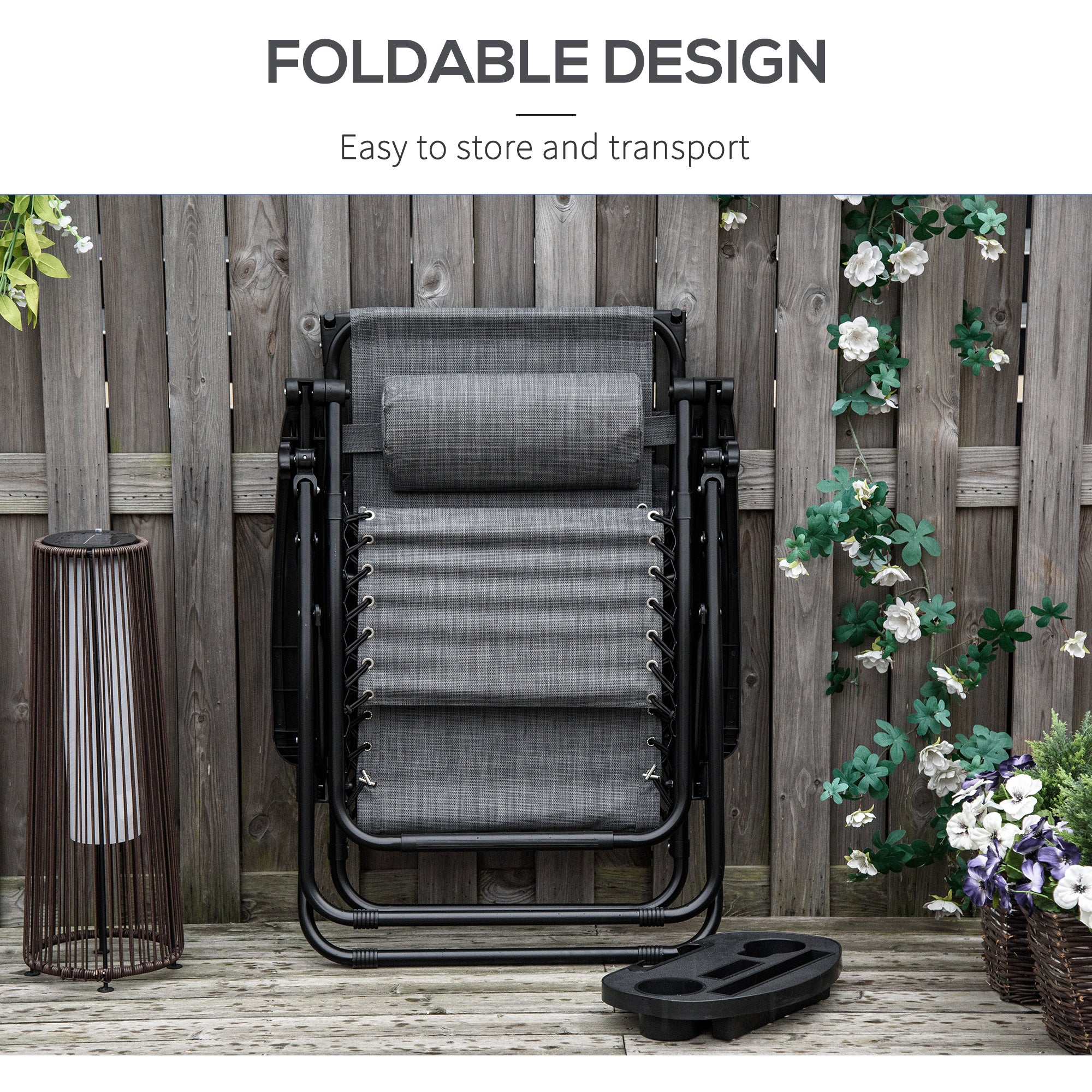 Outsunny Foldable Lounge Chair with Canopy Shade, Outdoor Zero Gravity Chair w/ Side Tray & Cup Holder, Reclining Lounger w/ Breathable Mesh Fabric Seat, Pillow, Light Grey