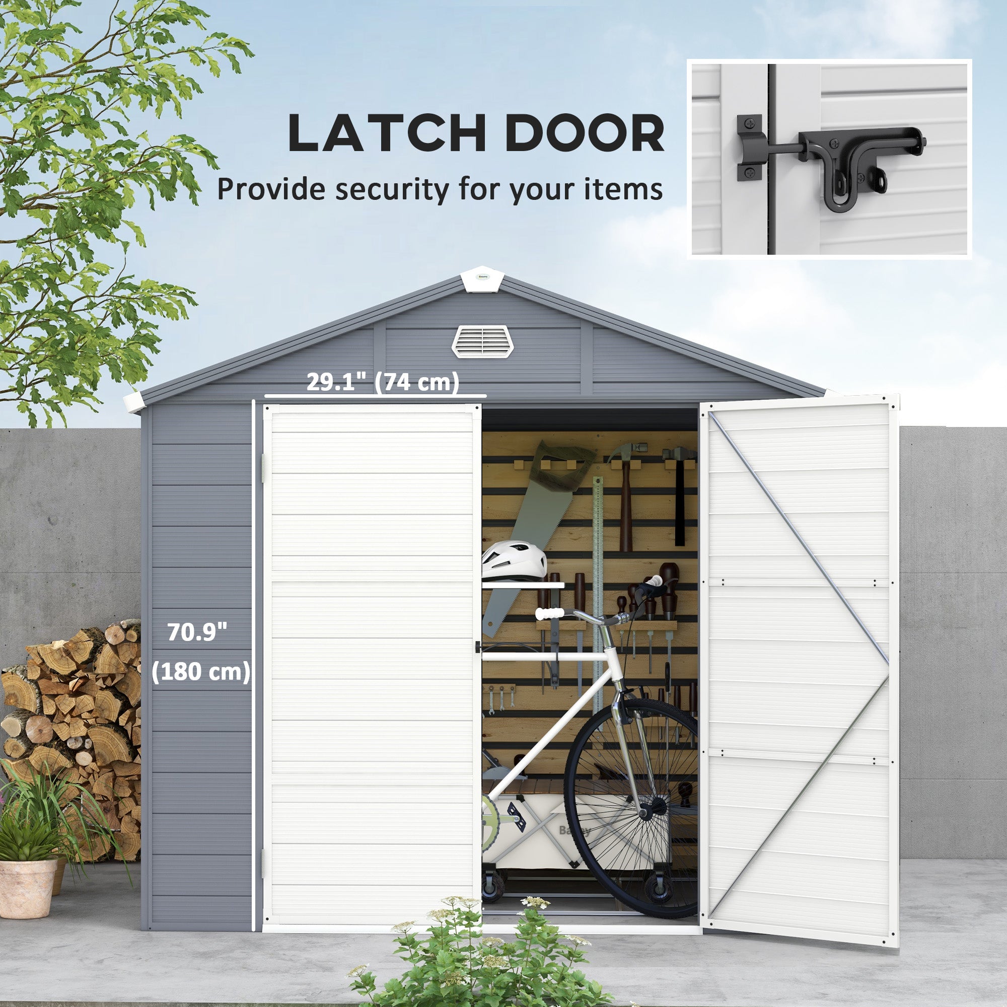 Outsunny 8' x 6' Garden Storage Shed, Outdoor Storage Patio Shed with Aluminum Frame, Galvanized Foundation Kit, Latched Door, Air Vents, Window for Backyard, Lawn, Dark Grey