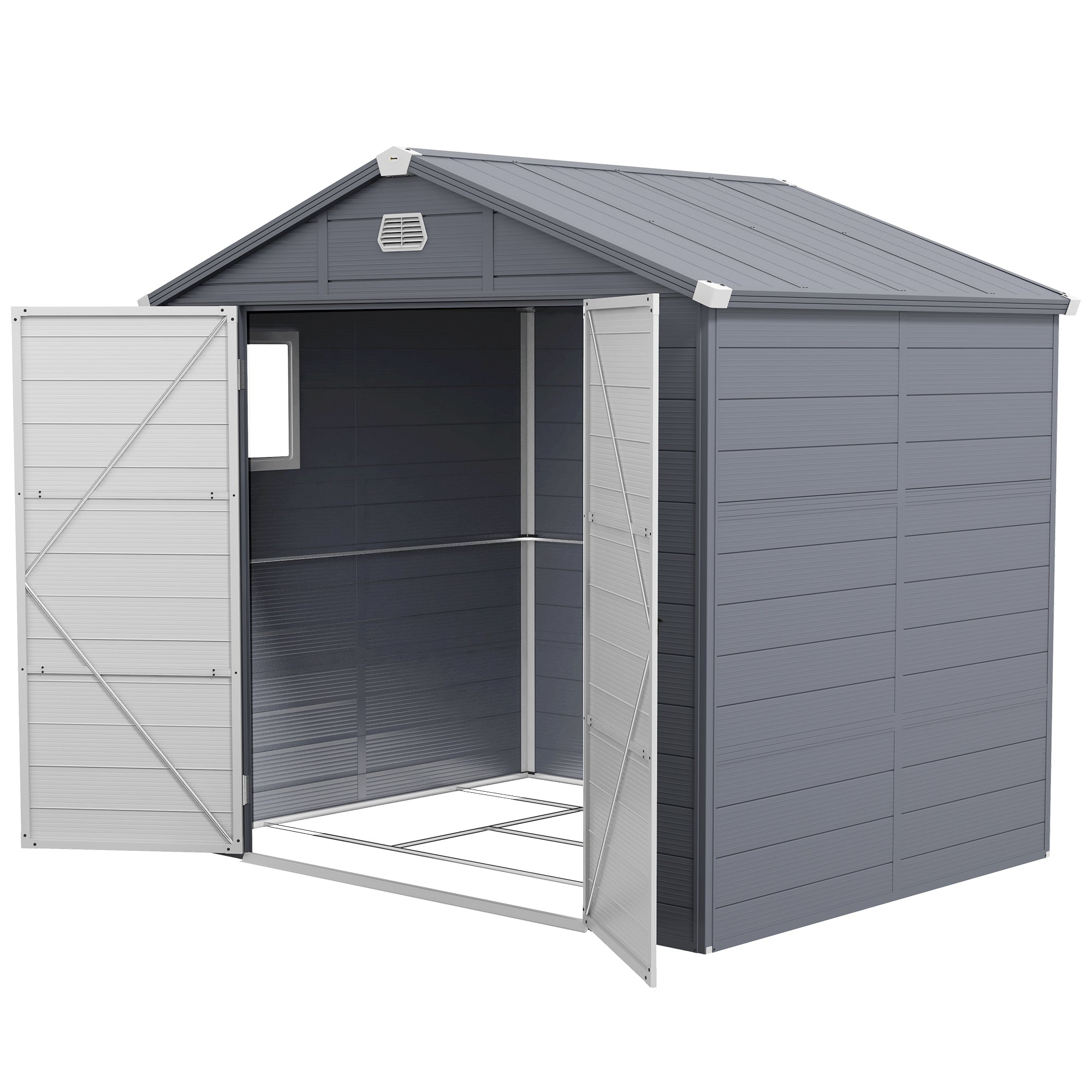 Outsunny 8' x 6' Garden Storage Shed, Outdoor Storage Patio Shed with Aluminum Frame, Galvanized Foundation Kit, Latched Door, Air Vents, Window for Backyard, Lawn, Dark Grey