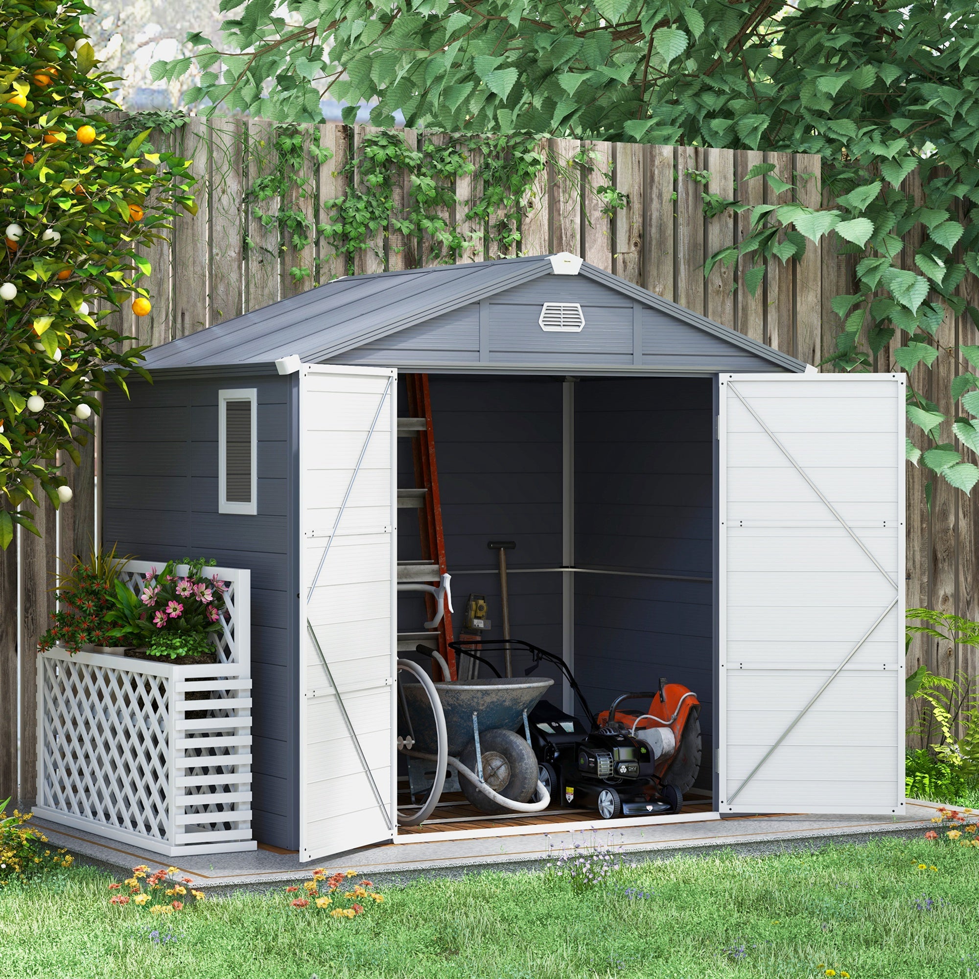Outsunny 8' x 6' Garden Storage Shed, Outdoor Storage Patio Shed with Aluminum Frame, Galvanized Foundation Kit, Latched Door, Air Vents, Window for Backyard, Lawn, Dark Grey