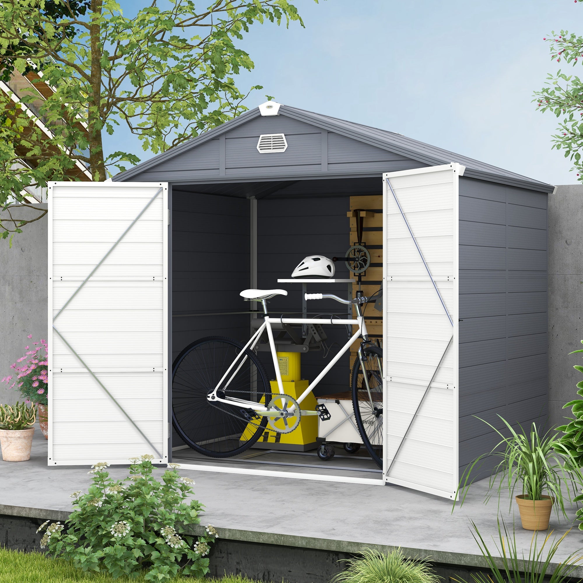 Outsunny 8' x 6' Garden Storage Shed, Outdoor Storage Patio Shed with Aluminum Frame, Galvanized Foundation Kit, Latched Door, Air Vents, Window for Backyard, Lawn, Dark Grey
