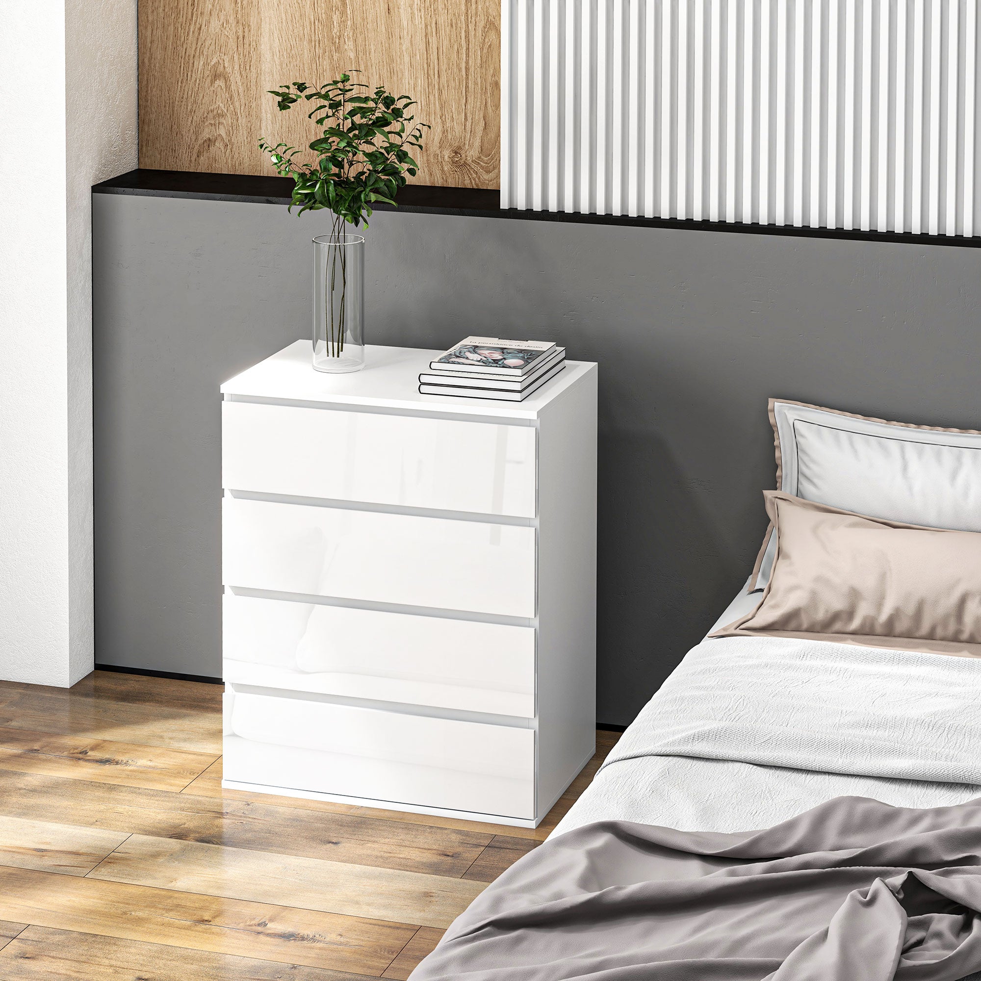 HOMCOM 4 Drawer Dresser for Bedroom, High Gloss Chest of Drawers with Metal Runners and Groove Handles, White