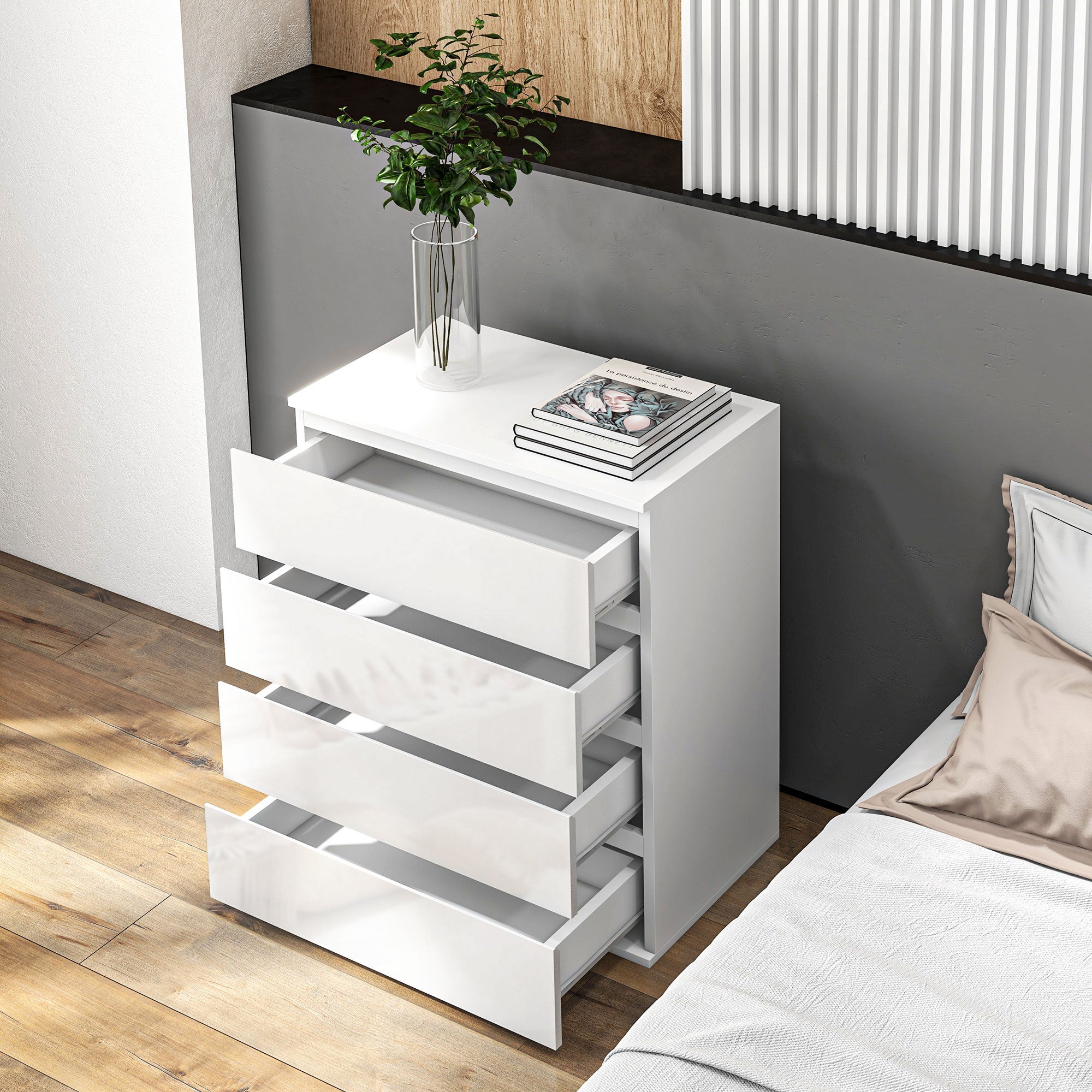 HOMCOM 4 Drawer Dresser for Bedroom, High Gloss Chest of Drawers with Metal Runners and Groove Handles, White