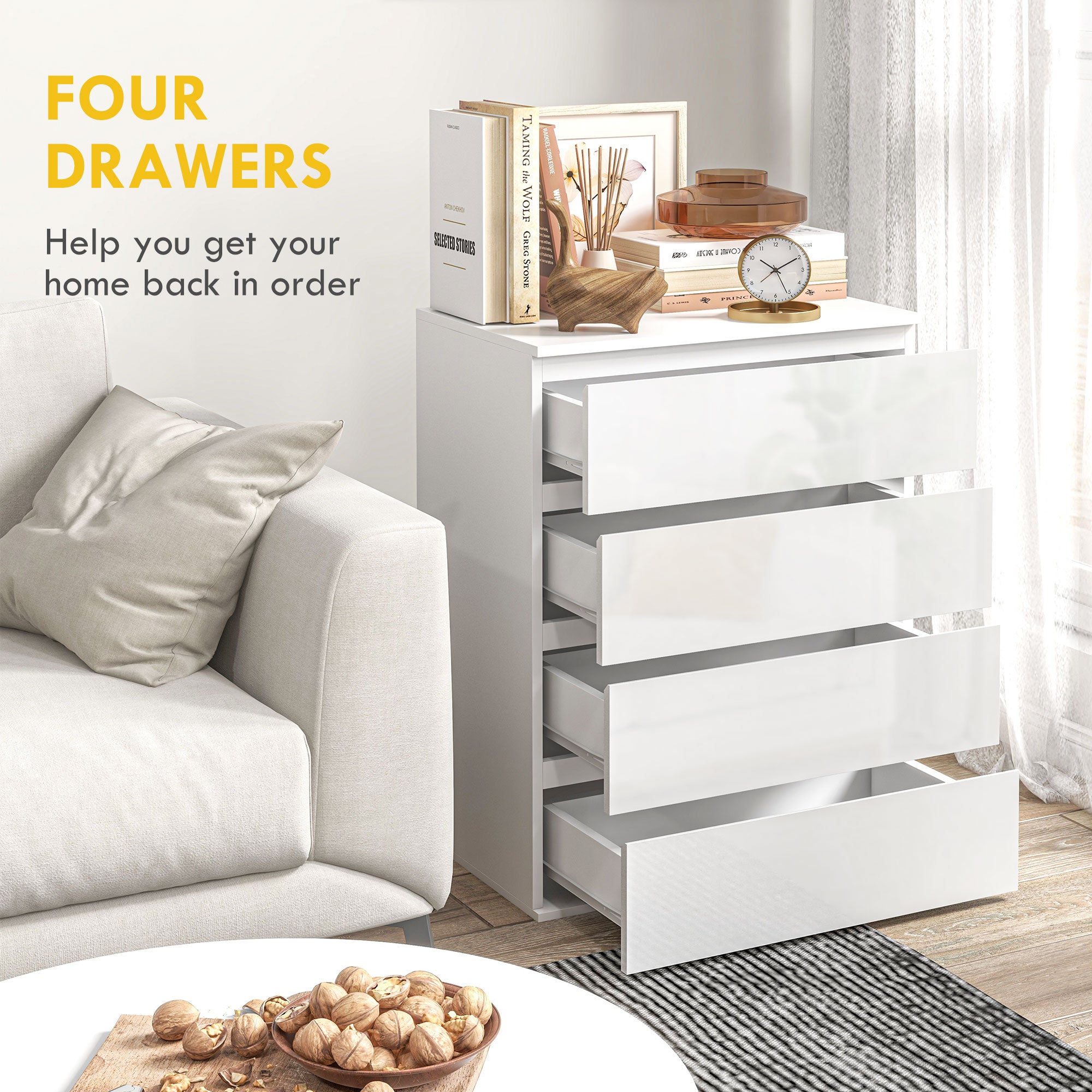 HOMCOM 4 Drawer Dresser for Bedroom, High Gloss Chest of Drawers with Metal Runners and Groove Handles, White