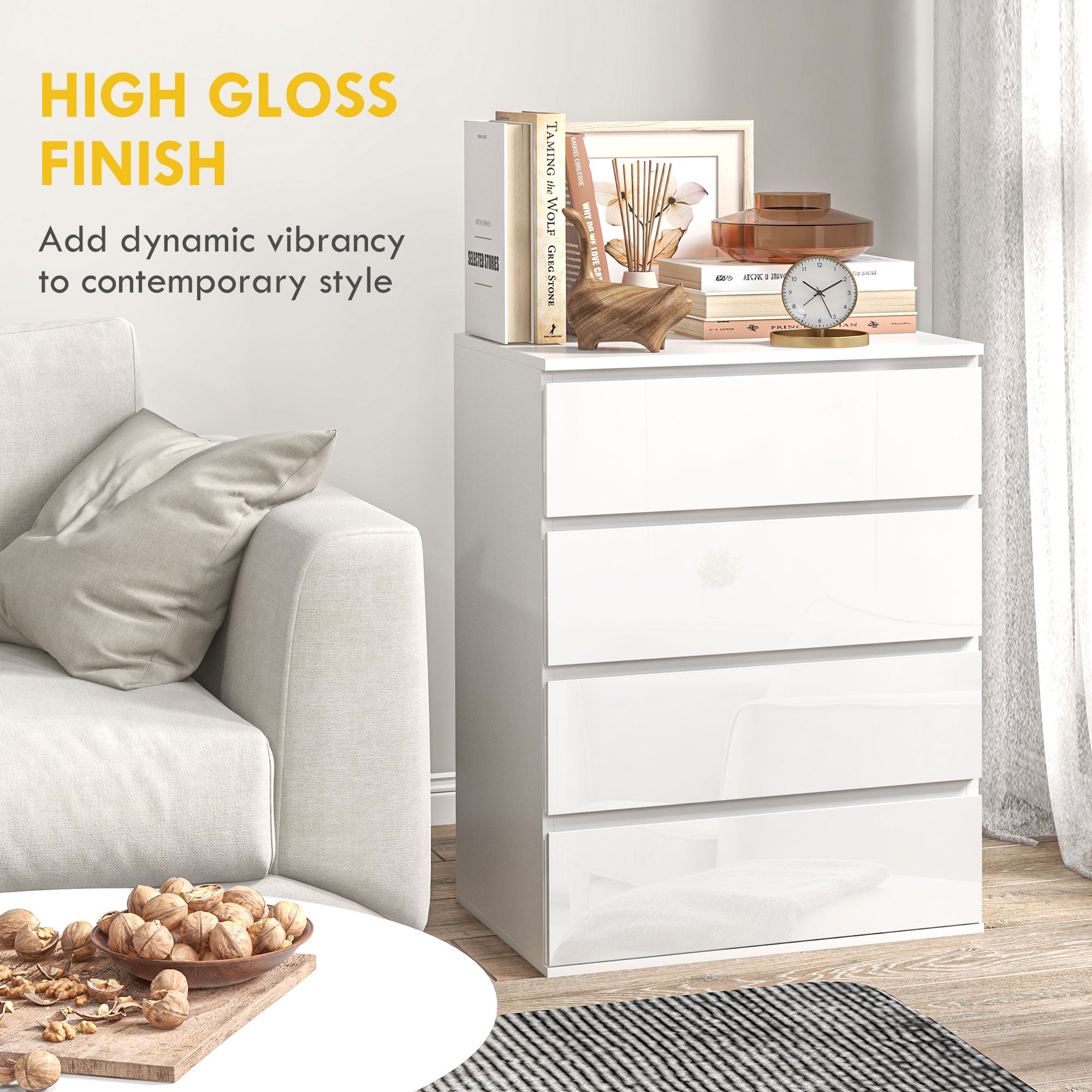 HOMCOM 4 Drawer Dresser for Bedroom, High Gloss Chest of Drawers with Metal Runners and Groove Handles, White