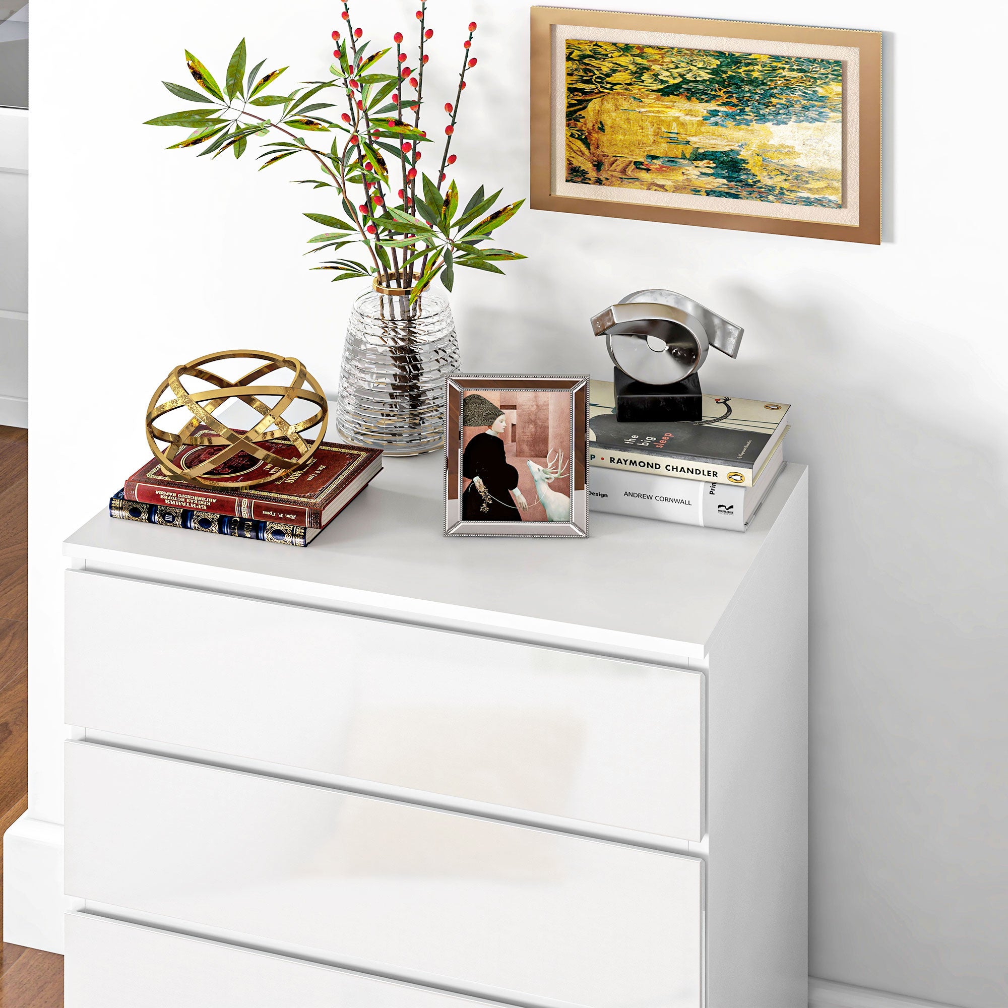 HOMCOM 4 Drawer Dresser for Bedroom, High Gloss Chest of Drawers with Metal Runners and Groove Handles, White