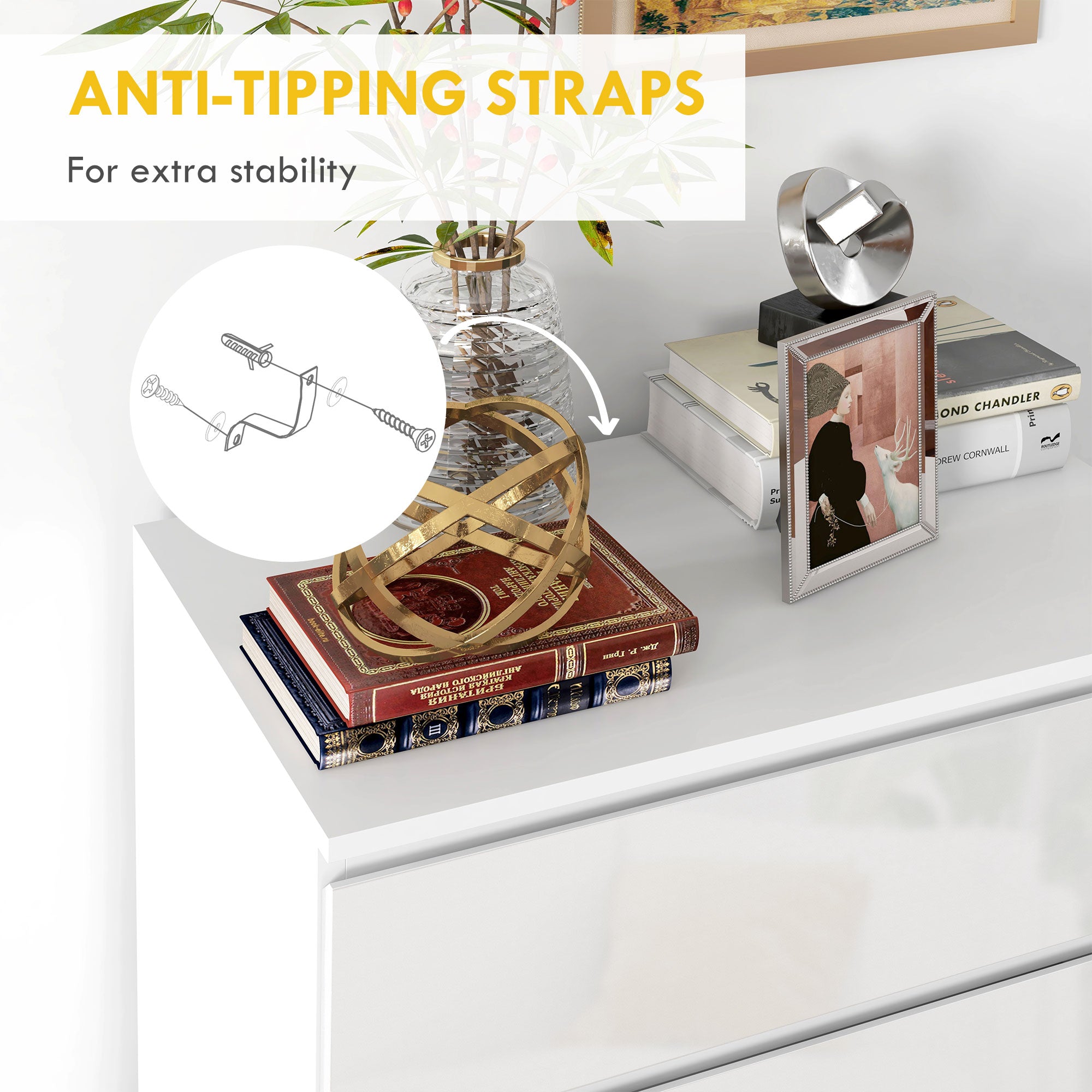 HOMCOM 4 Drawer Dresser for Bedroom, High Gloss Chest of Drawers with Metal Runners and Groove Handles, White