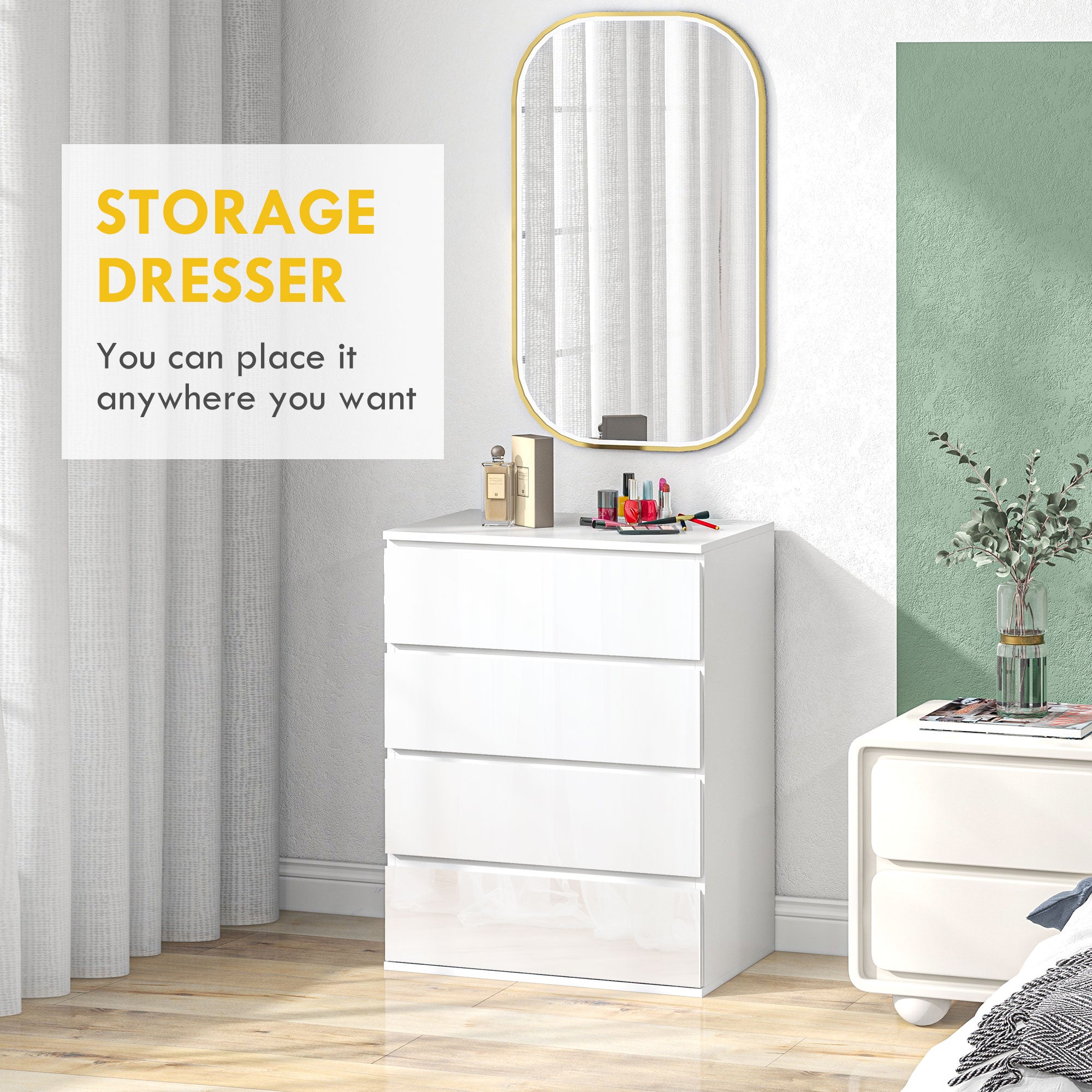 HOMCOM 4 Drawer Dresser for Bedroom, High Gloss Chest of Drawers with Metal Runners and Groove Handles, White