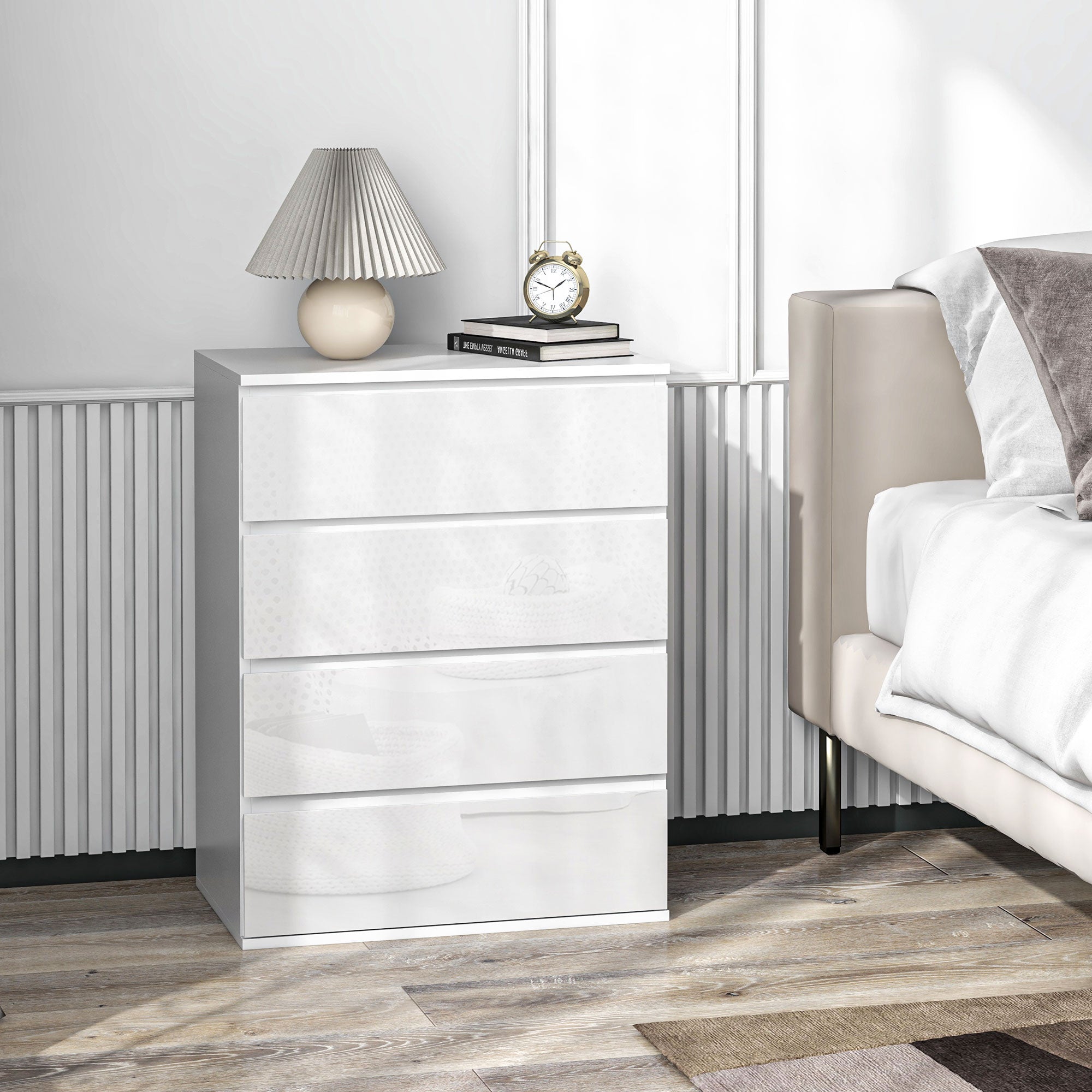 HOMCOM 4 Drawer Dresser for Bedroom, High Gloss Chest of Drawers with Metal Runners and Groove Handles, White