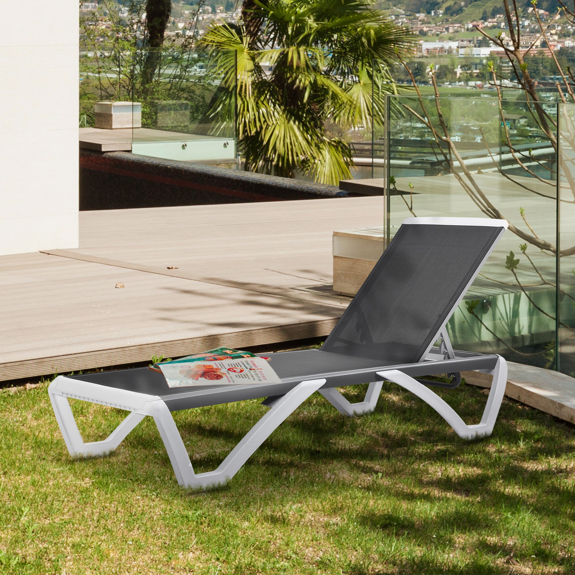 Outsunny Outdoor Chaise Lounge Chair, Patio Aluminum Tanning Chair with 5-Level Adjustable Back, Portable Wheels, Breathable Mesh Fabric, for Pool, Deck,  Garden, Blue