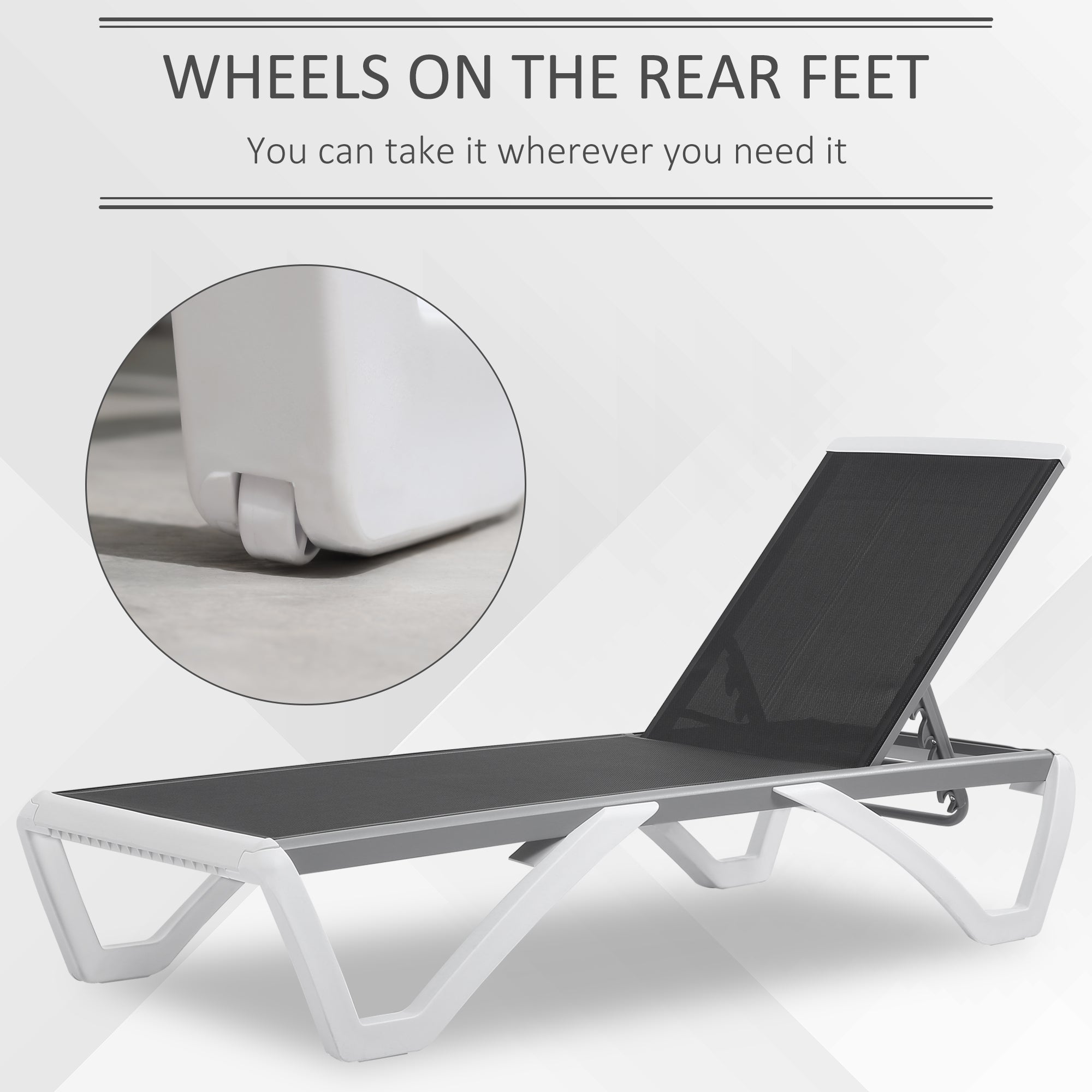 Outsunny Outdoor Chaise Lounge Chair, Patio Aluminum Tanning Chair with 5-Level Adjustable Back, Portable Wheels, Breathable Mesh Fabric, for Pool, Deck,  Garden, Blue