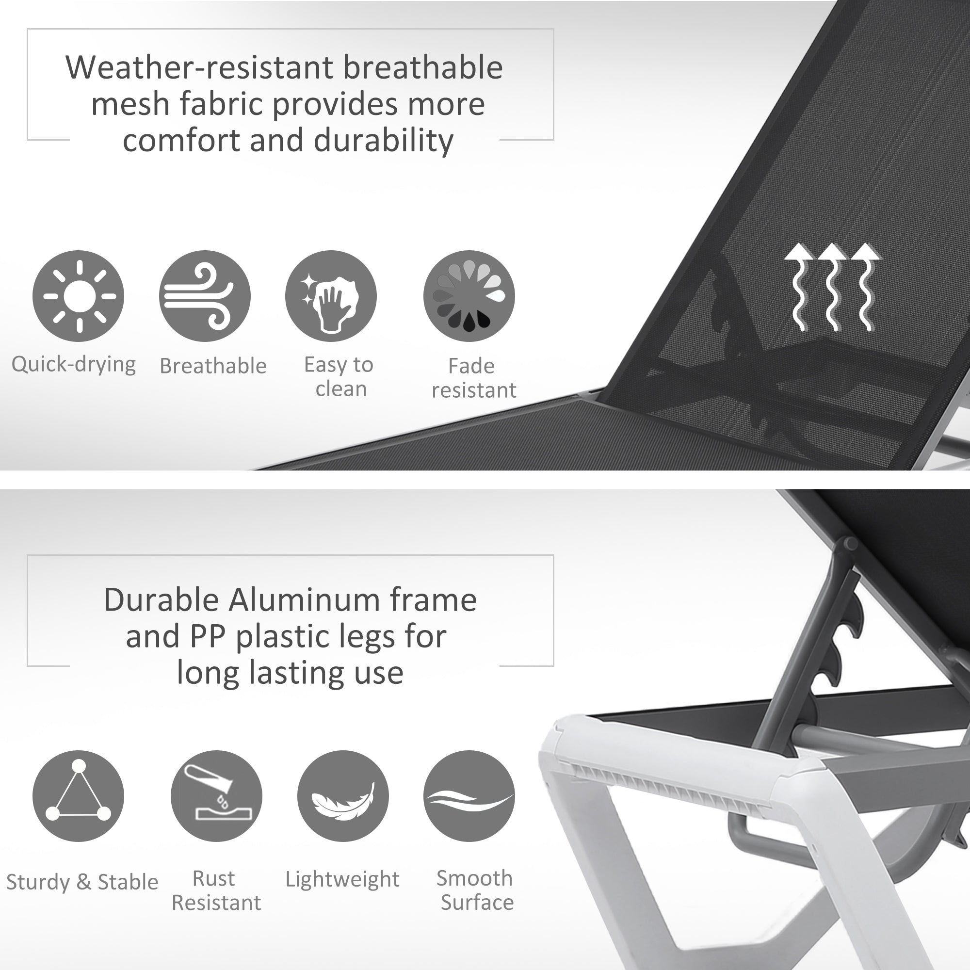 Outsunny Outdoor Chaise Lounge Chair, Patio Aluminum Tanning Chair with 5-Level Adjustable Back, Portable Wheels, Breathable Mesh Fabric, for Pool, Deck,  Garden, Blue