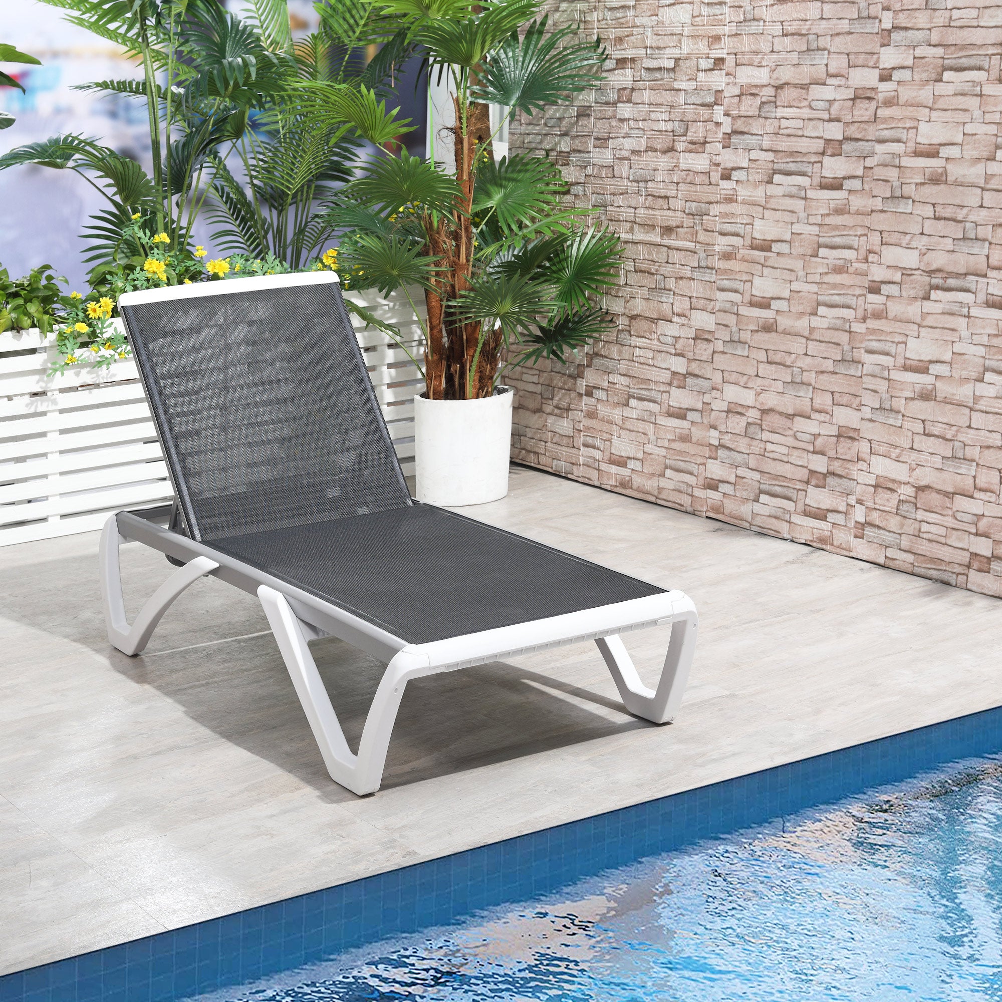 Outsunny Outdoor Chaise Lounge Chair, Patio Aluminum Tanning Chair with 5-Level Adjustable Back, Portable Wheels, Breathable Mesh Fabric, for Pool, Deck,  Garden, Blue