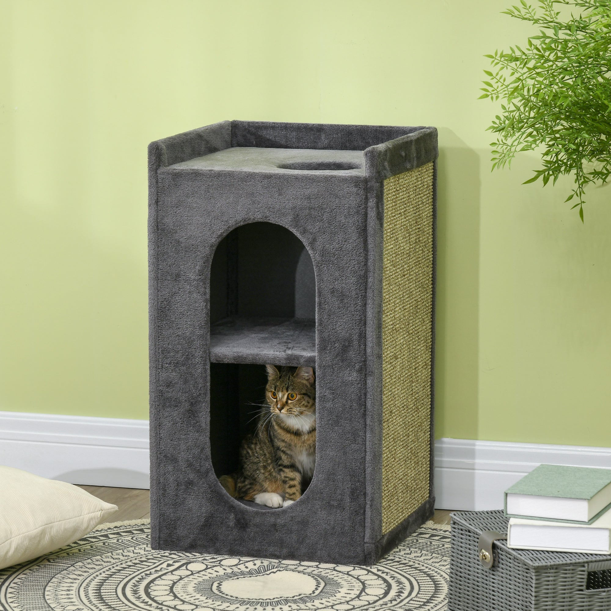PawHut 81 cm Cat Scratching Barrel with 2 Cat Houses, Cat Play Tower with Scratching Pad, Cat Scratching Tree for Indoor Cats, Grey