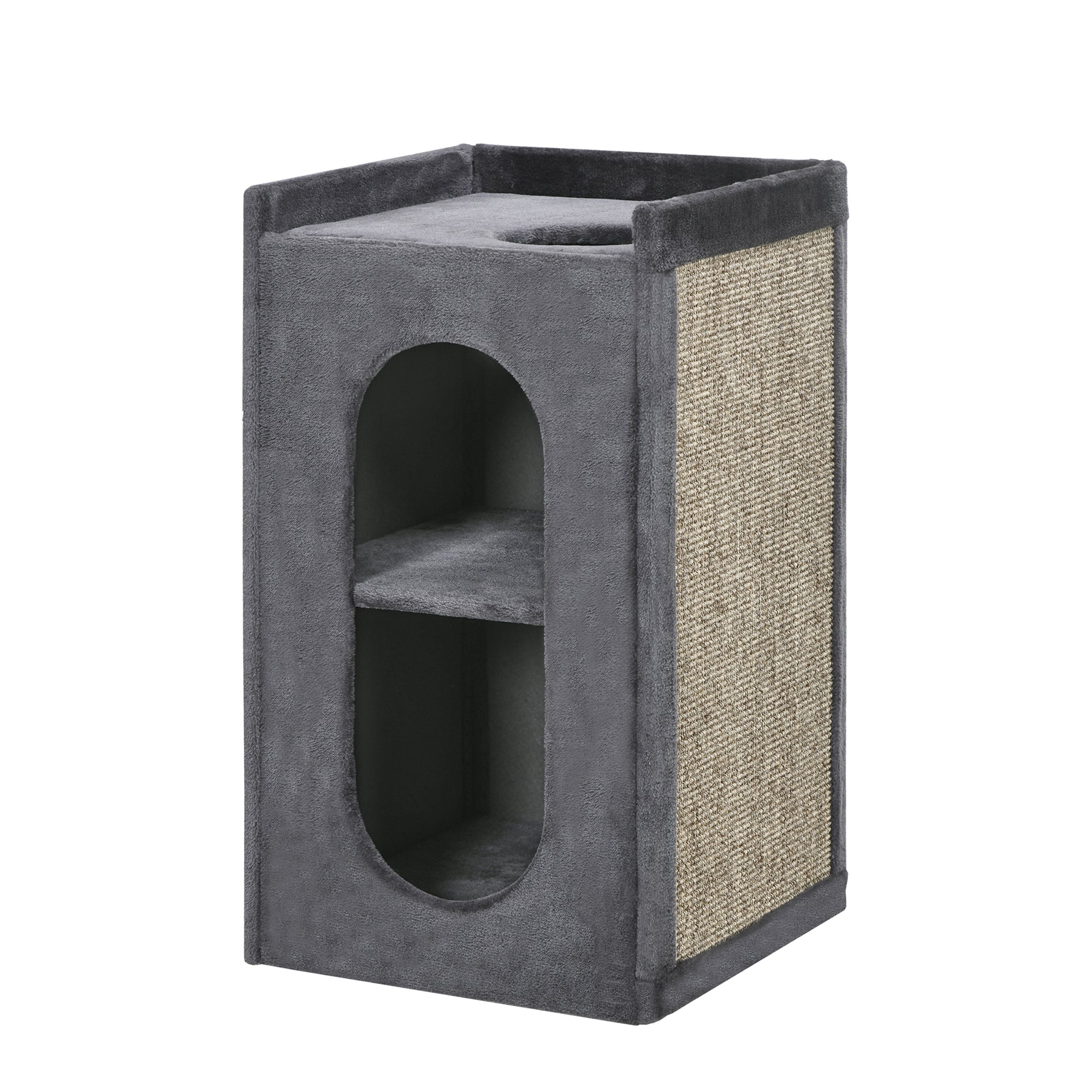 PawHut 81 cm Cat Scratching Barrel with 2 Cat Houses, Cat Play Tower with Scratching Pad, Cat Scratching Tree for Indoor Cats, Grey