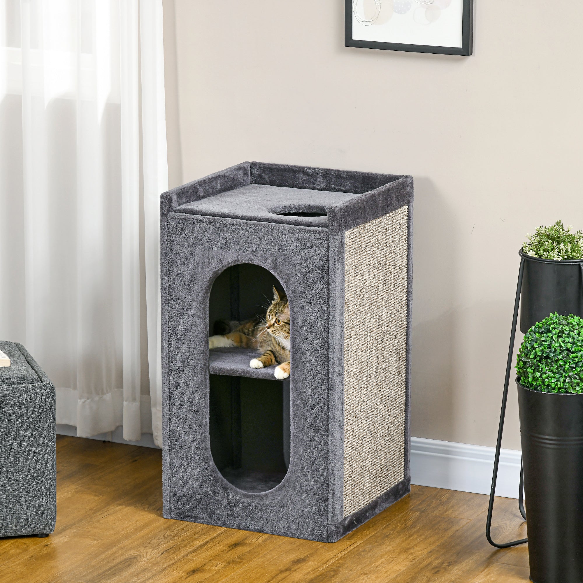 PawHut 81 cm Cat Scratching Barrel with 2 Cat Houses, Cat Play Tower with Scratching Pad, Cat Scratching Tree for Indoor Cats, Grey