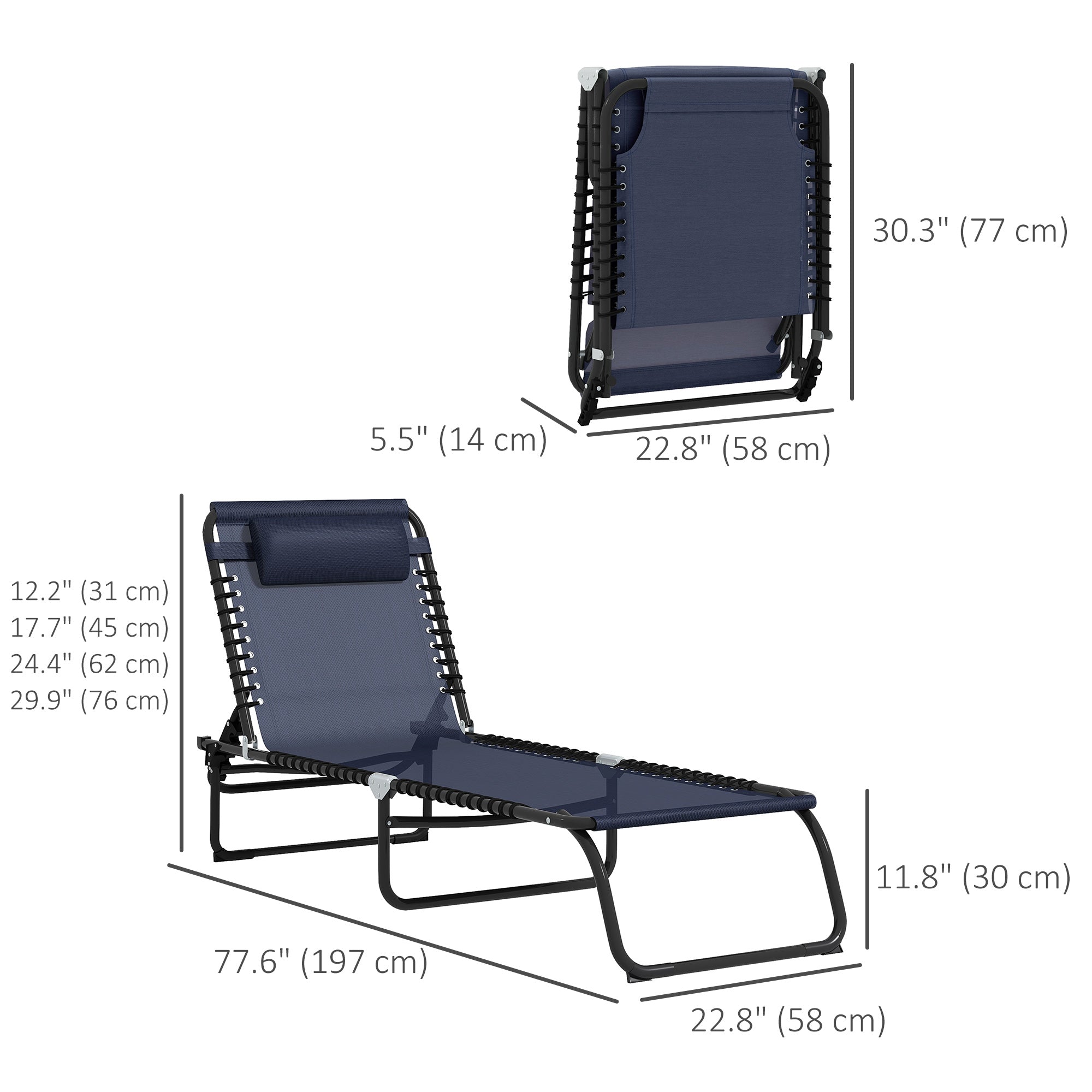 Outsunny Outdoor Folding Lounge Chair, 4-Level Adjustable Chaise Lounge with Headrest, Tanning Chair Beach Bed, Reclining Lounger Cot for Camping, Hiking, Backyard, Dark Blue