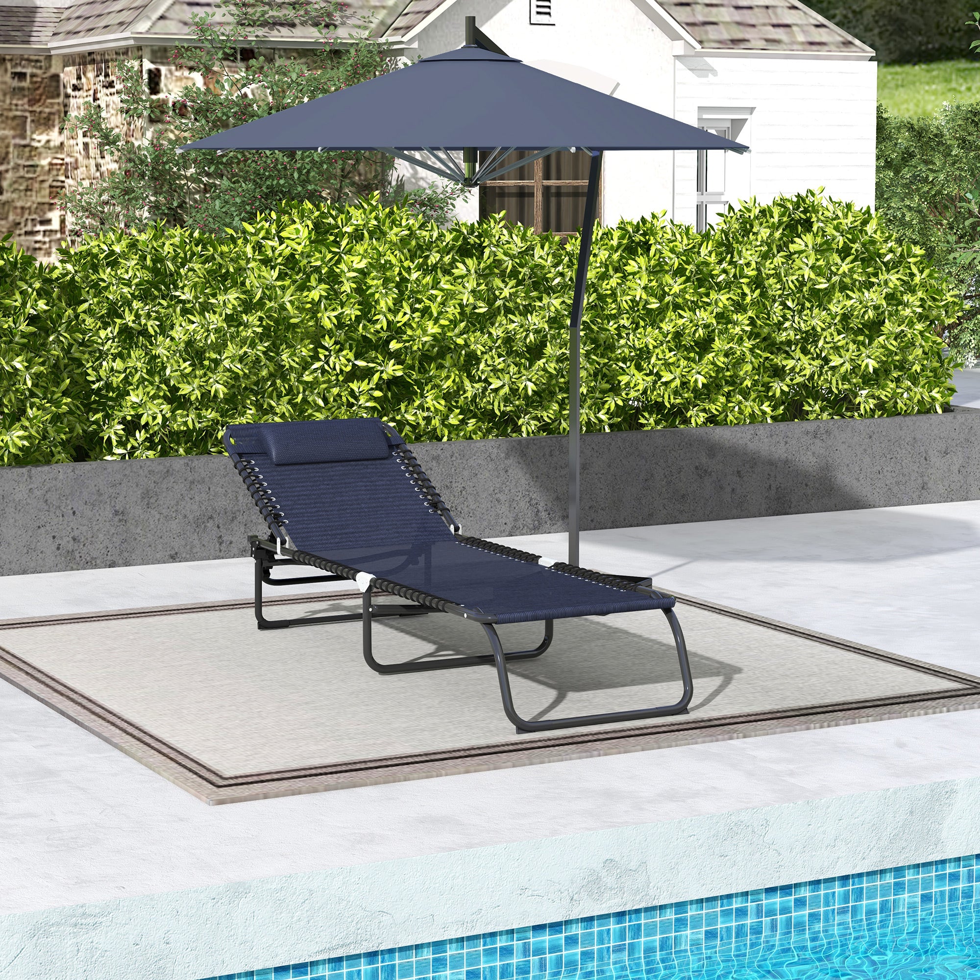 Outsunny Outdoor Folding Lounge Chair, 4-Level Adjustable Chaise Lounge with Headrest, Tanning Chair Beach Bed, Reclining Lounger Cot for Camping, Hiking, Backyard, Dark Blue