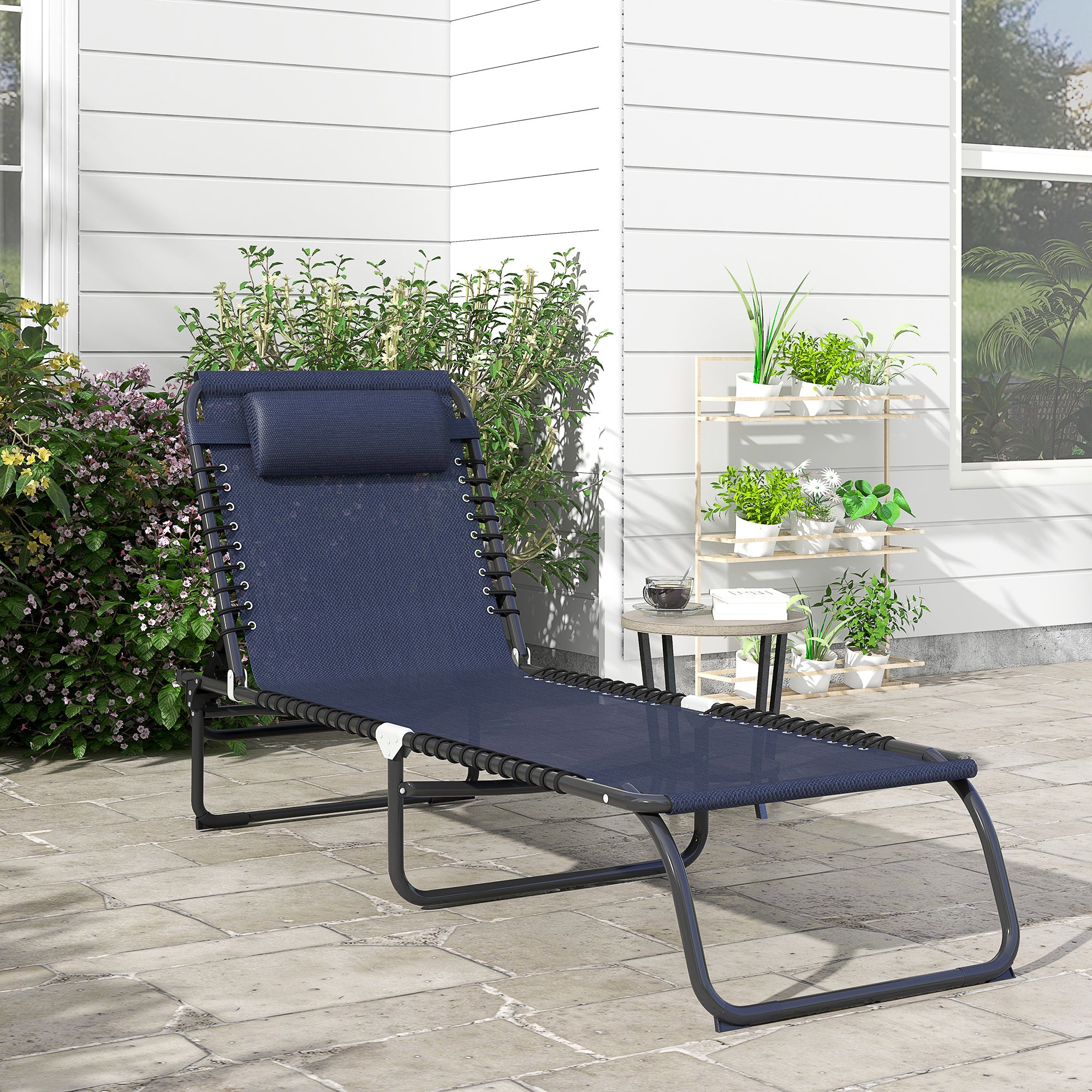 Outsunny Outdoor Folding Lounge Chair, 4-Level Adjustable Chaise Lounge with Headrest, Tanning Chair Beach Bed, Reclining Lounger Cot for Camping, Hiking, Backyard, Dark Blue