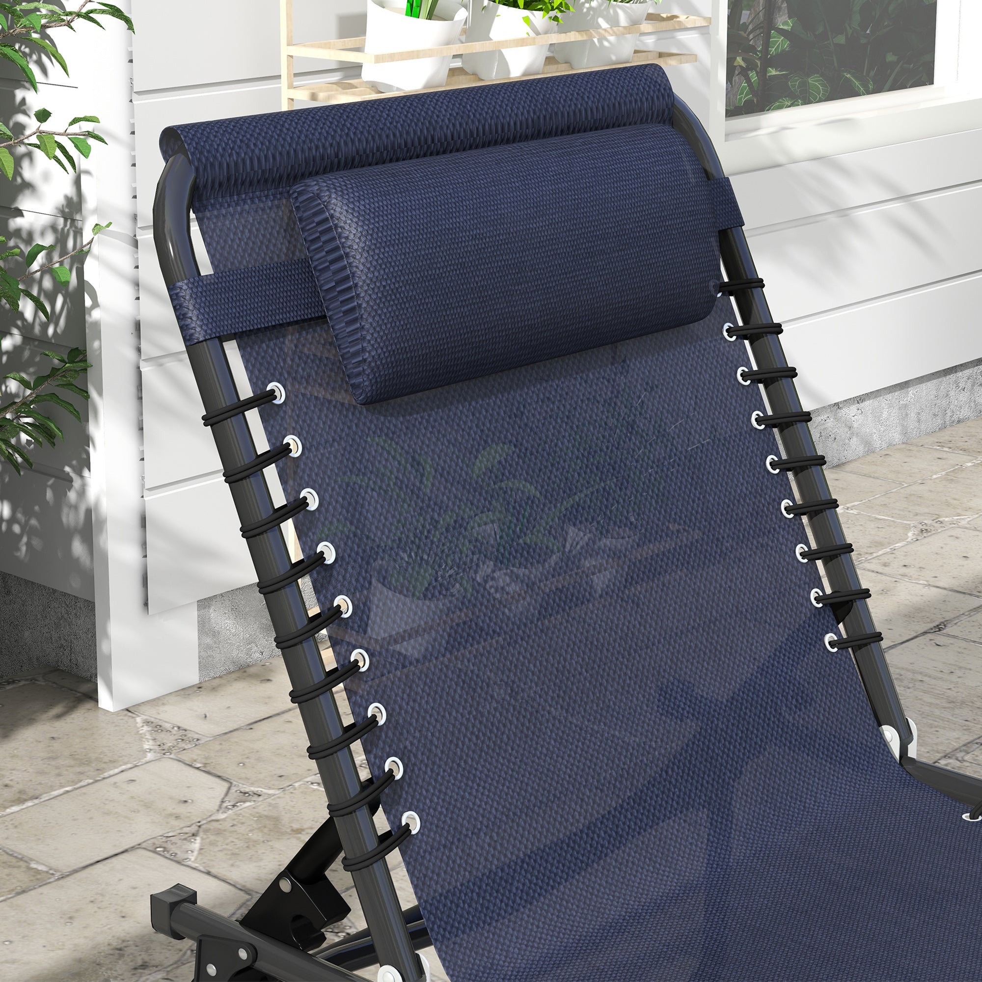 Outsunny Outdoor Folding Lounge Chair, 4-Level Adjustable Chaise Lounge with Headrest, Tanning Chair Beach Bed, Reclining Lounger Cot for Camping, Hiking, Backyard, Dark Blue