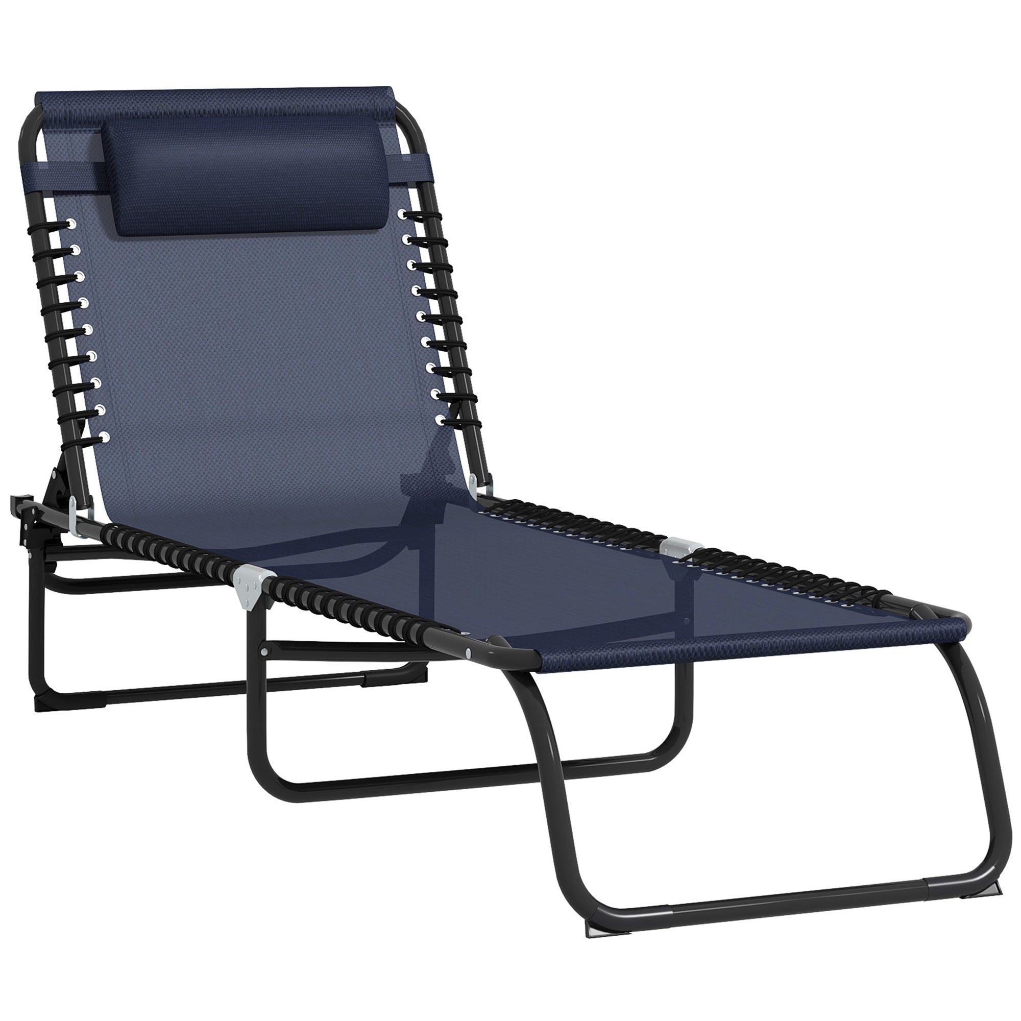 Outsunny Outdoor Folding Lounge Chair, 4-Level Adjustable Chaise Lounge with Headrest, Tanning Chair Beach Bed, Reclining Lounger Cot for Camping, Hiking, Backyard, Dark Blue