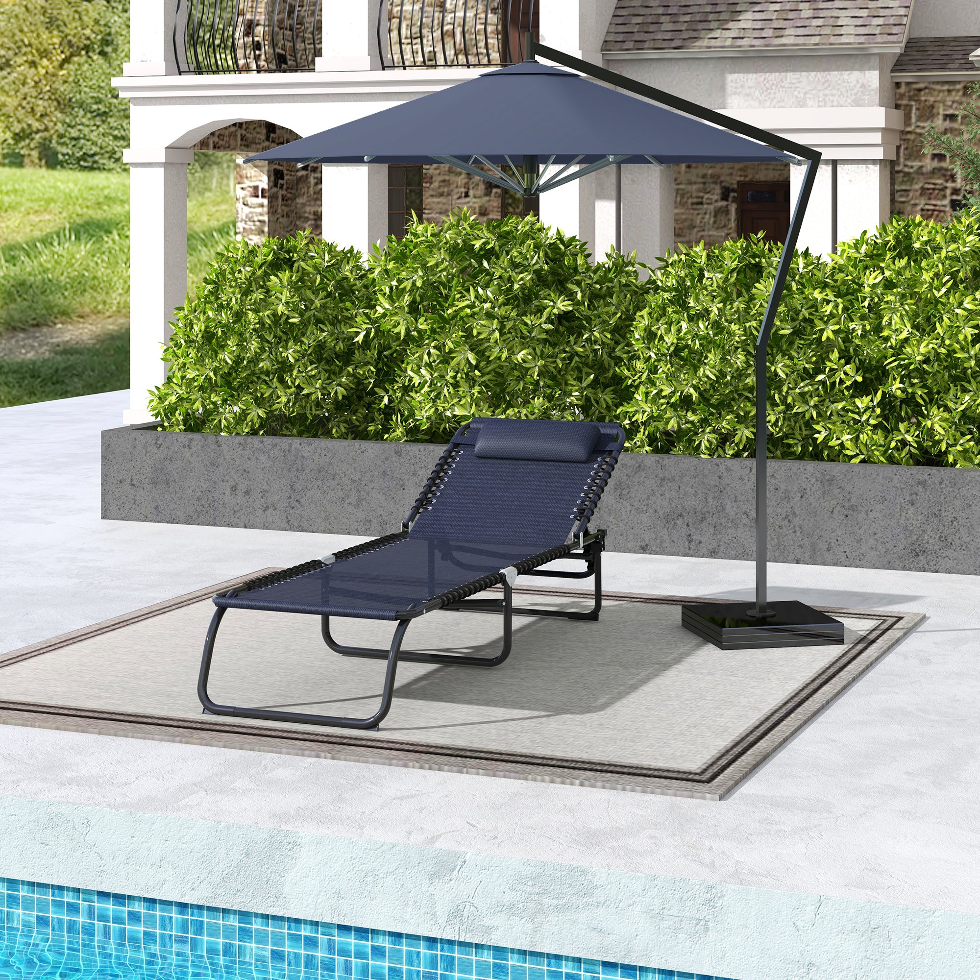 Outsunny Outdoor Folding Lounge Chair, 4-Level Adjustable Chaise Lounge with Headrest, Tanning Chair Beach Bed, Reclining Lounger Cot for Camping, Hiking, Backyard, Dark Blue