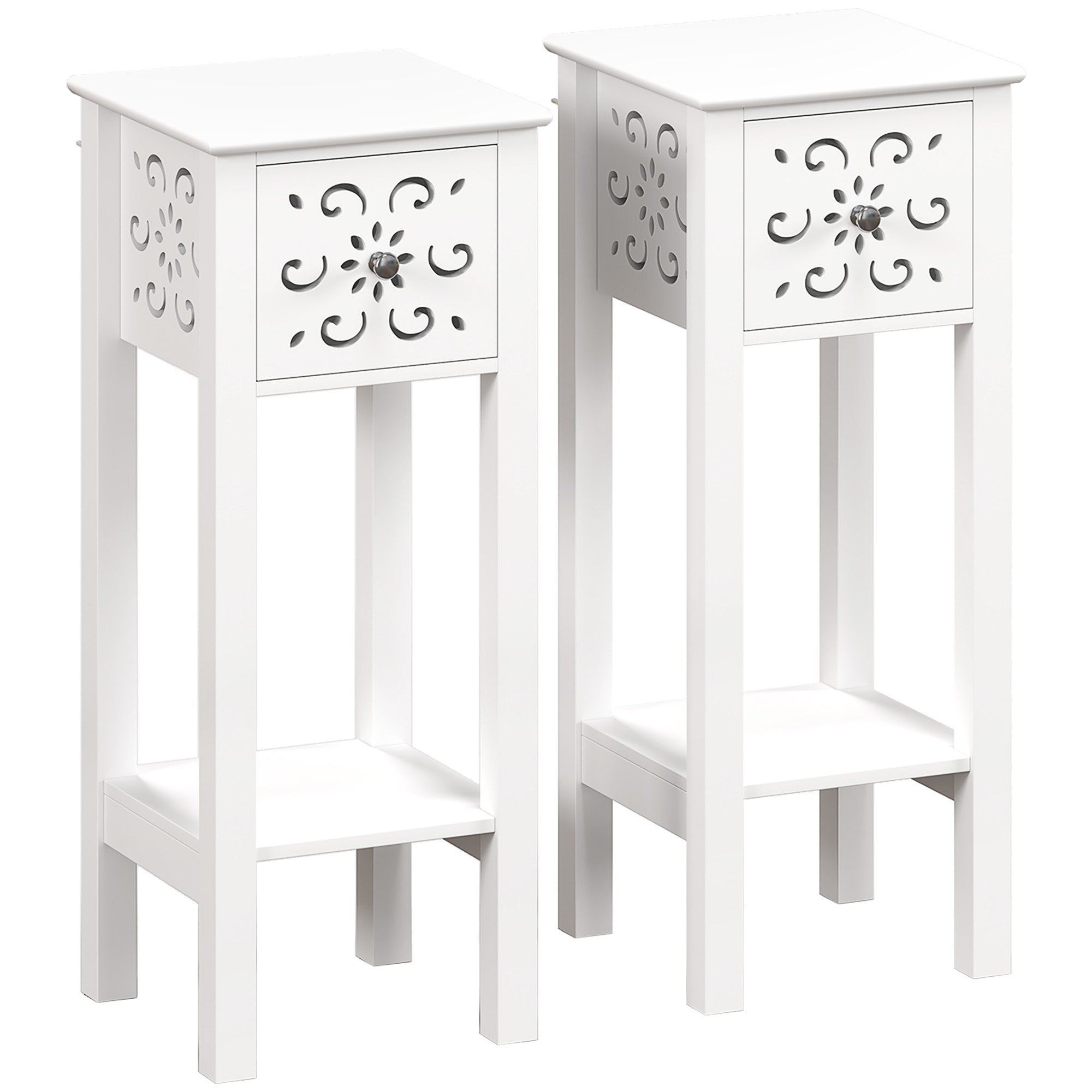 HOMCOM Nightstand Set of 2, Bedside Table Set with Drawer and Open Storage Shelf, End Table Set with Flower-Shaped Design, White