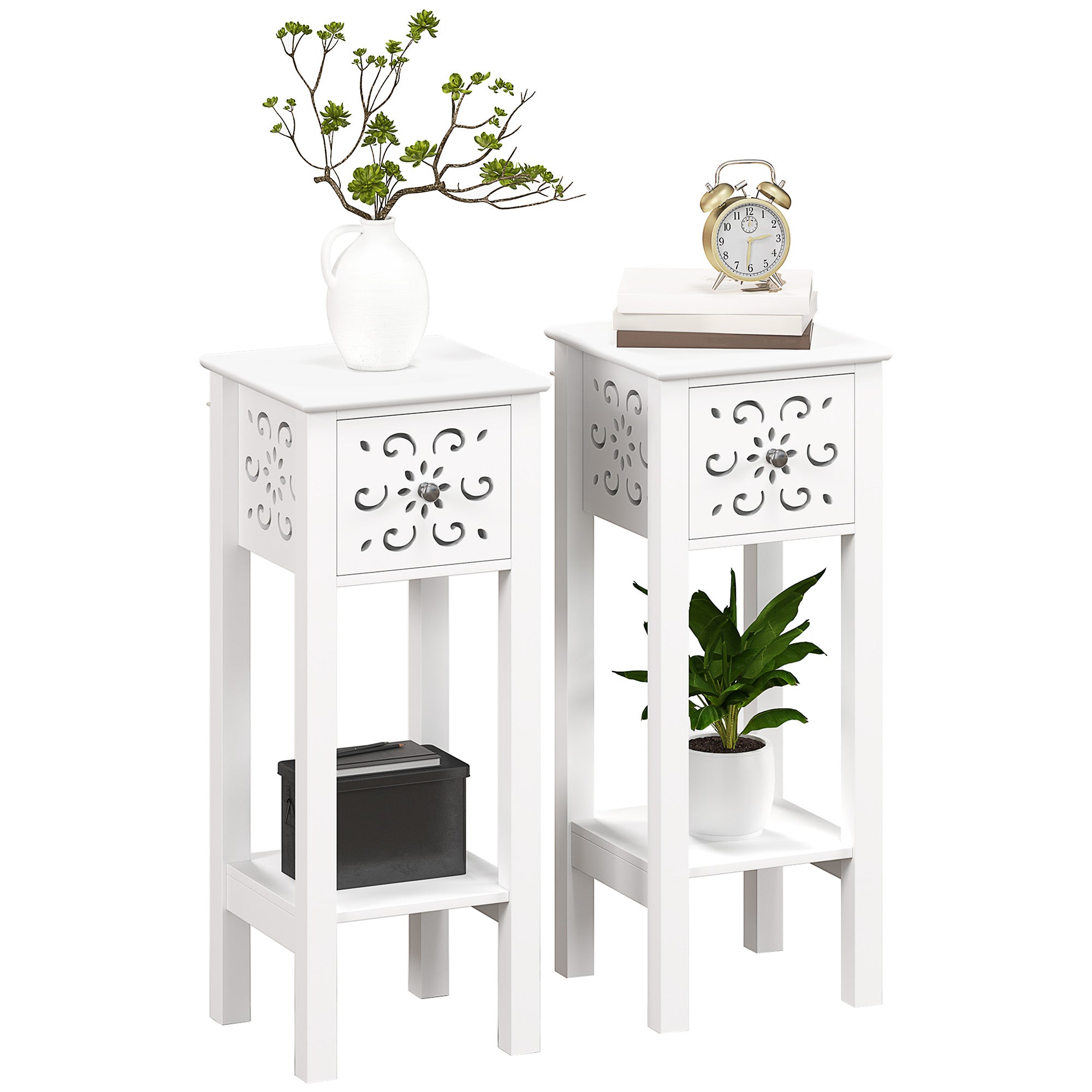 HOMCOM Nightstand Set of 2, Bedside Table Set with Drawer and Open Storage Shelf, End Table Set with Flower-Shaped Design, White